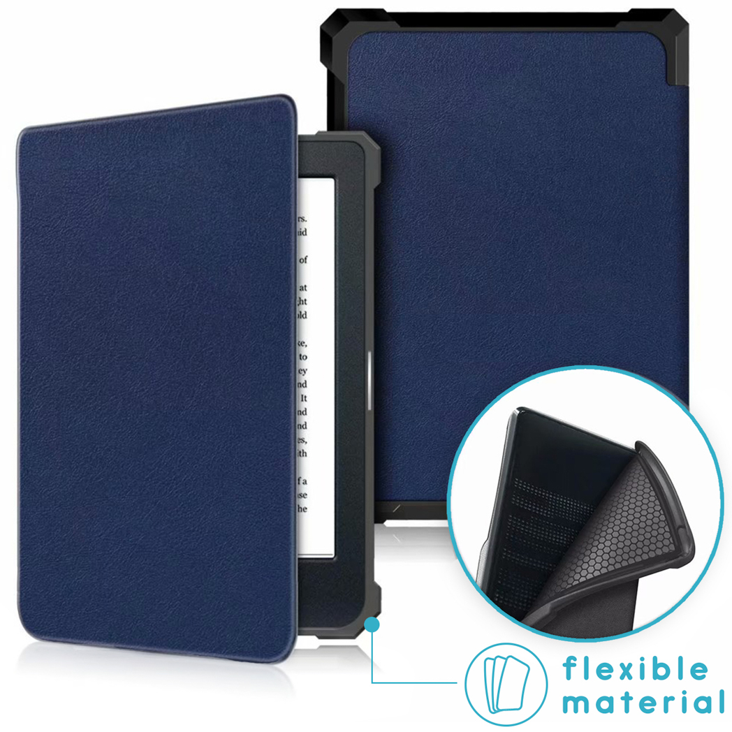 A tablet is open, showing text, with a blue leather cover. The material is flexible.