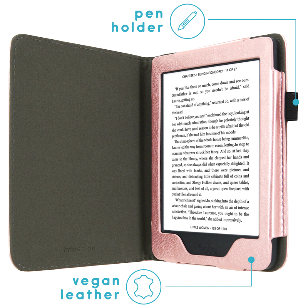 E-reader in een roze hoes. Pennenhouder en vegan leren labels zijn zichtbaar.