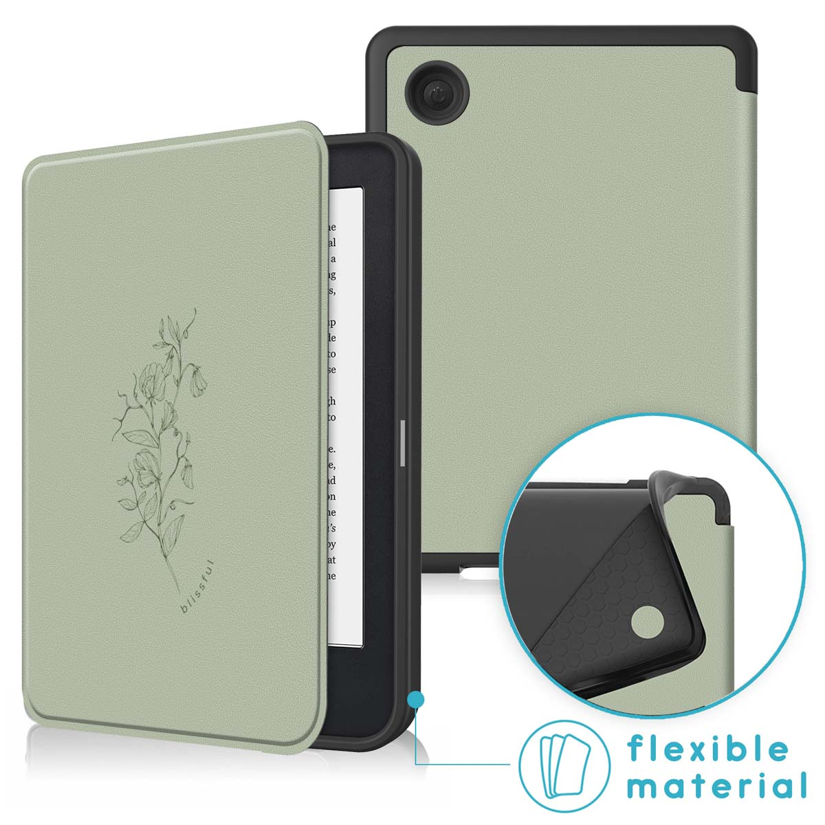 Groene e-reader hoes, met de e-reader open, met de tekst van het boek zichtbaar.
