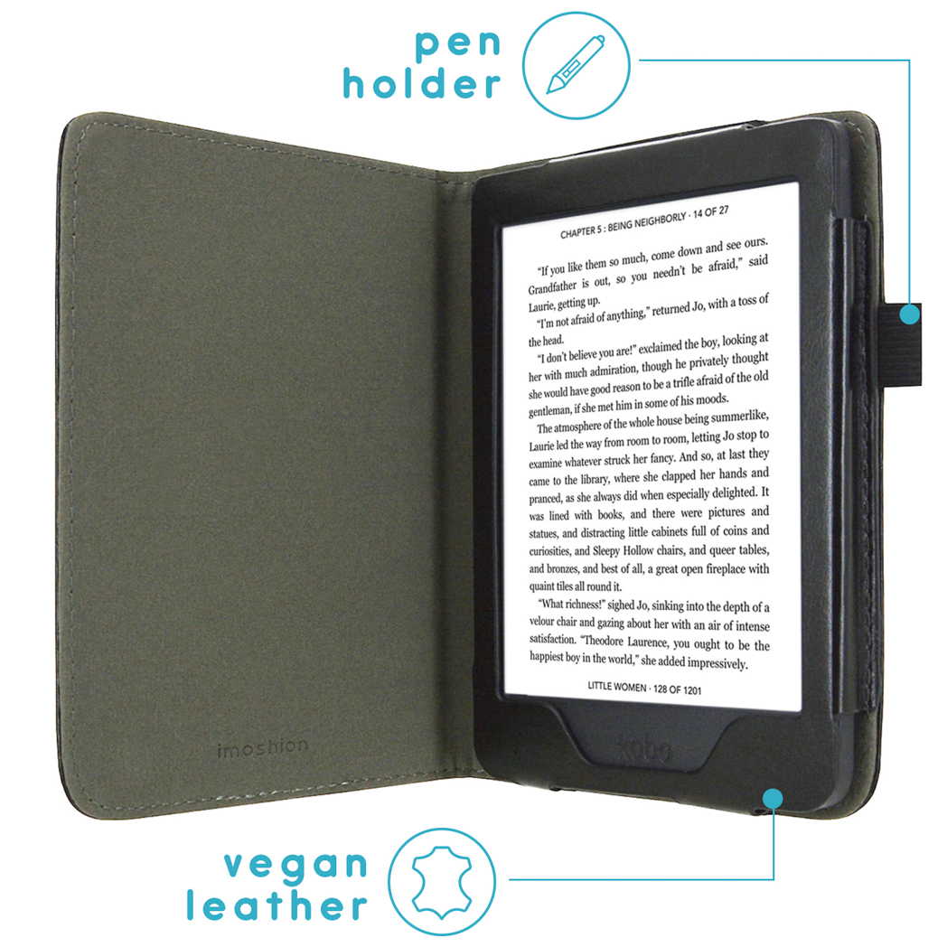 E-reader in a green case. Pen holder and vegan leather labels are visible.