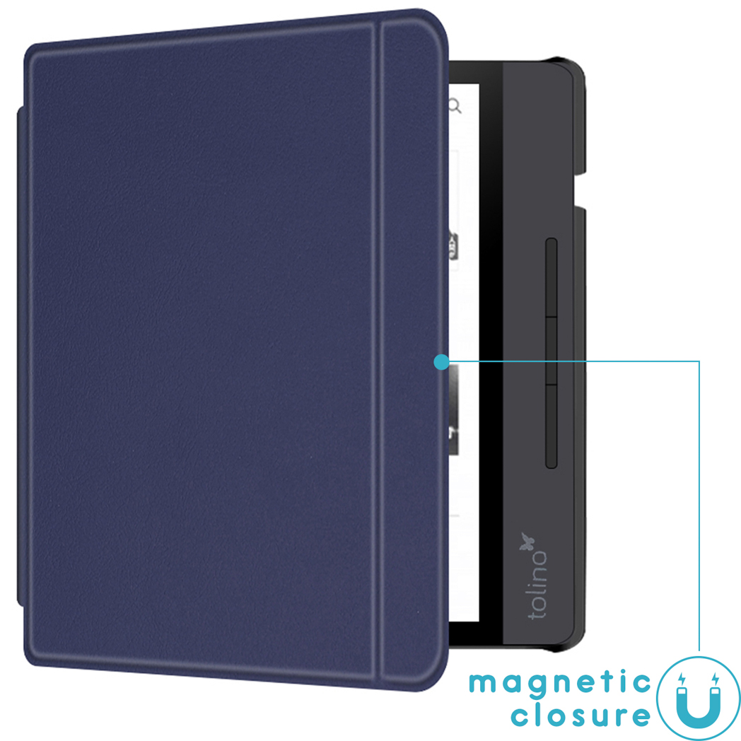Blauwe e-reader hoes, open, met het scherm zichtbaar. Tekst: 'magnetic closure'. De e-reader is een Tolino.