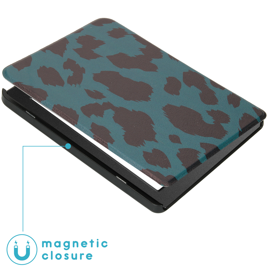 Teal cover met bruine vlekken op een e-reader. Magnetische sluiting getoond.