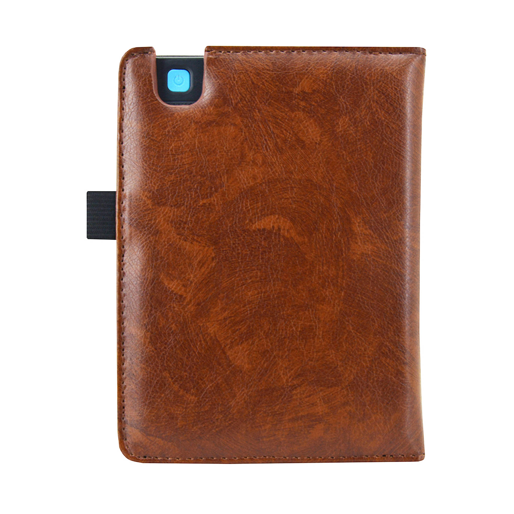 Brown leather e-reader cover with a power button and a black elastic strap.