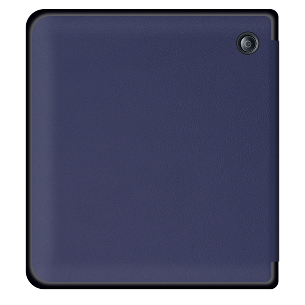 Een gesloten, donkerblauwe e-reader hoes. De hoes is gesloten en toont de achterkant. Het heeft een eenvoudig, effen ontwerp.