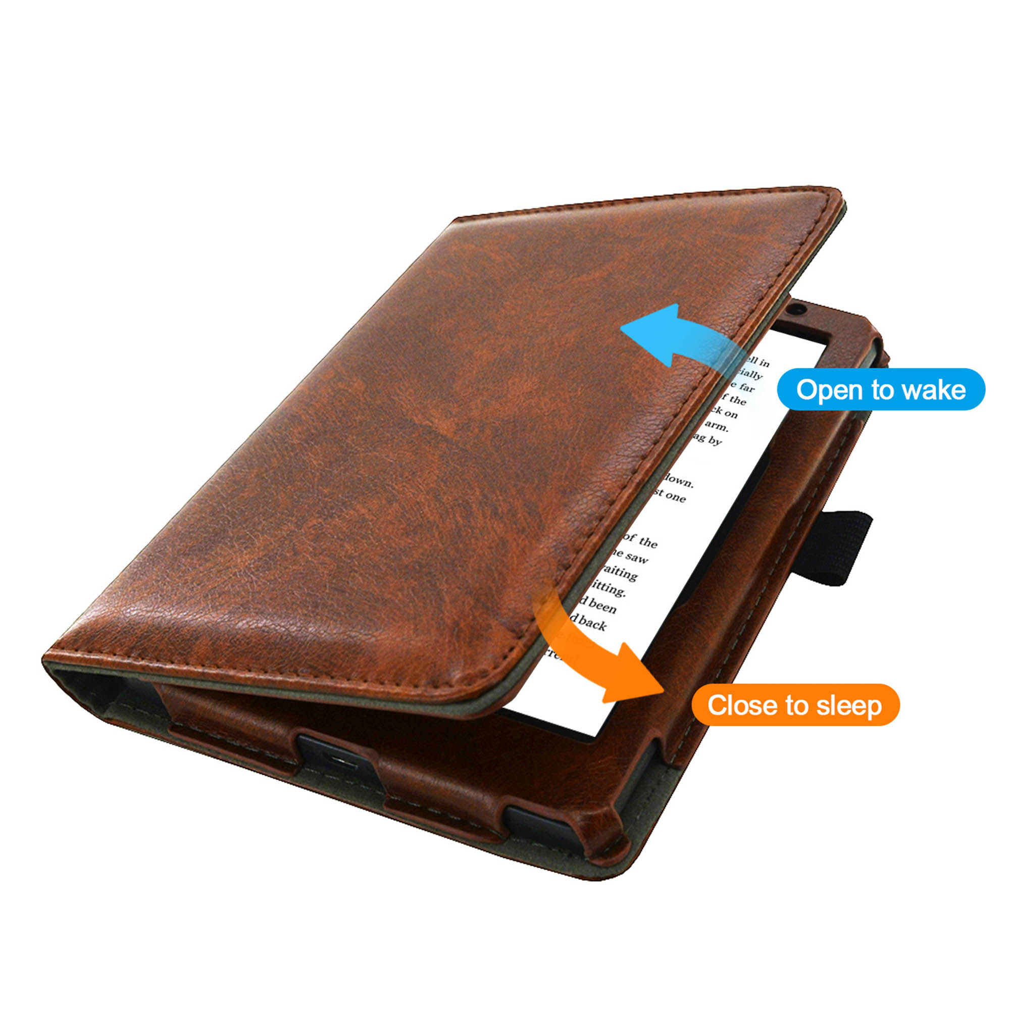 A brown leather e-reader case open. Arrows indicate "Open to wake" and "Close to sleep" functions.