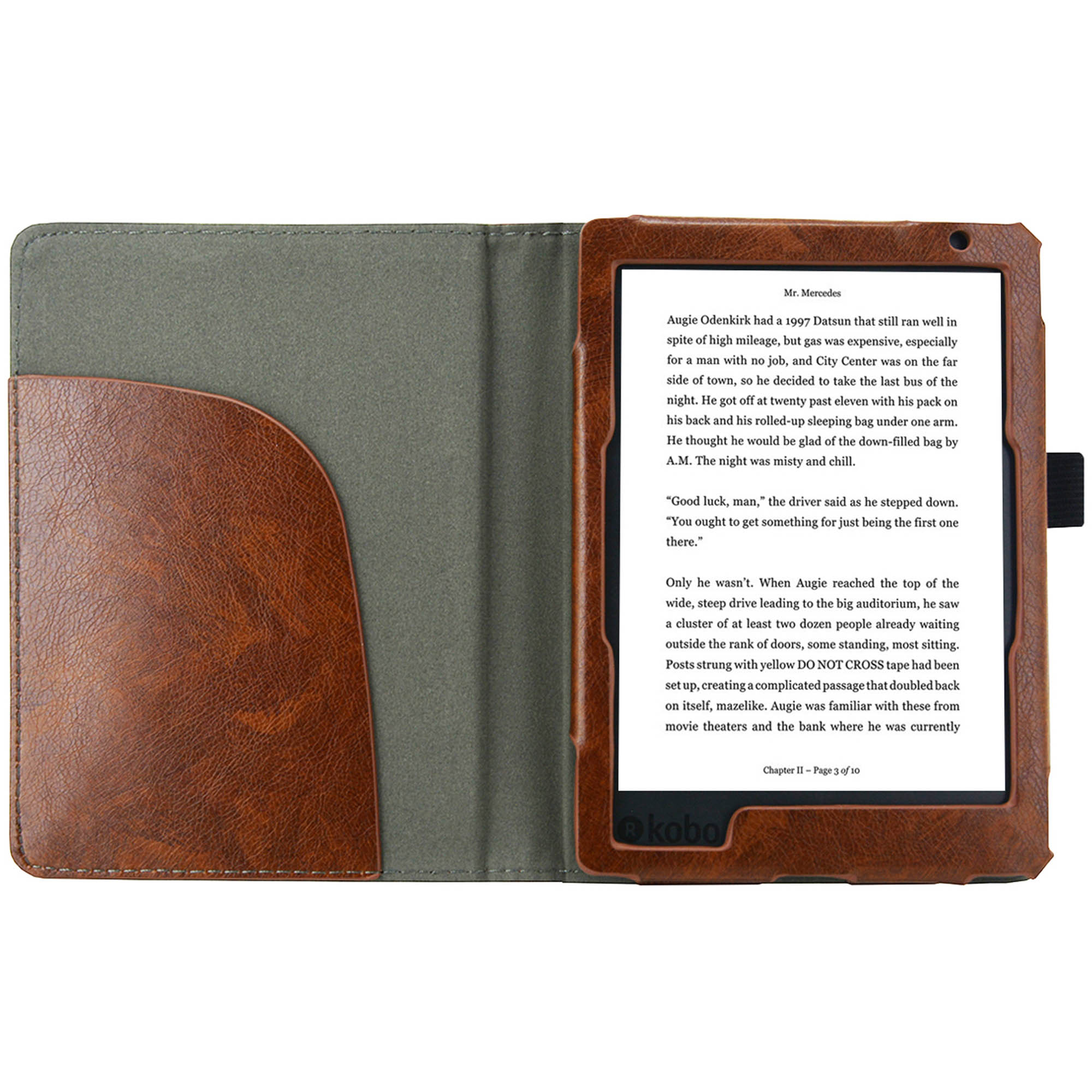 An open brown tablet case with a Kobo e-reader inside showing text. A pocket on the left side.