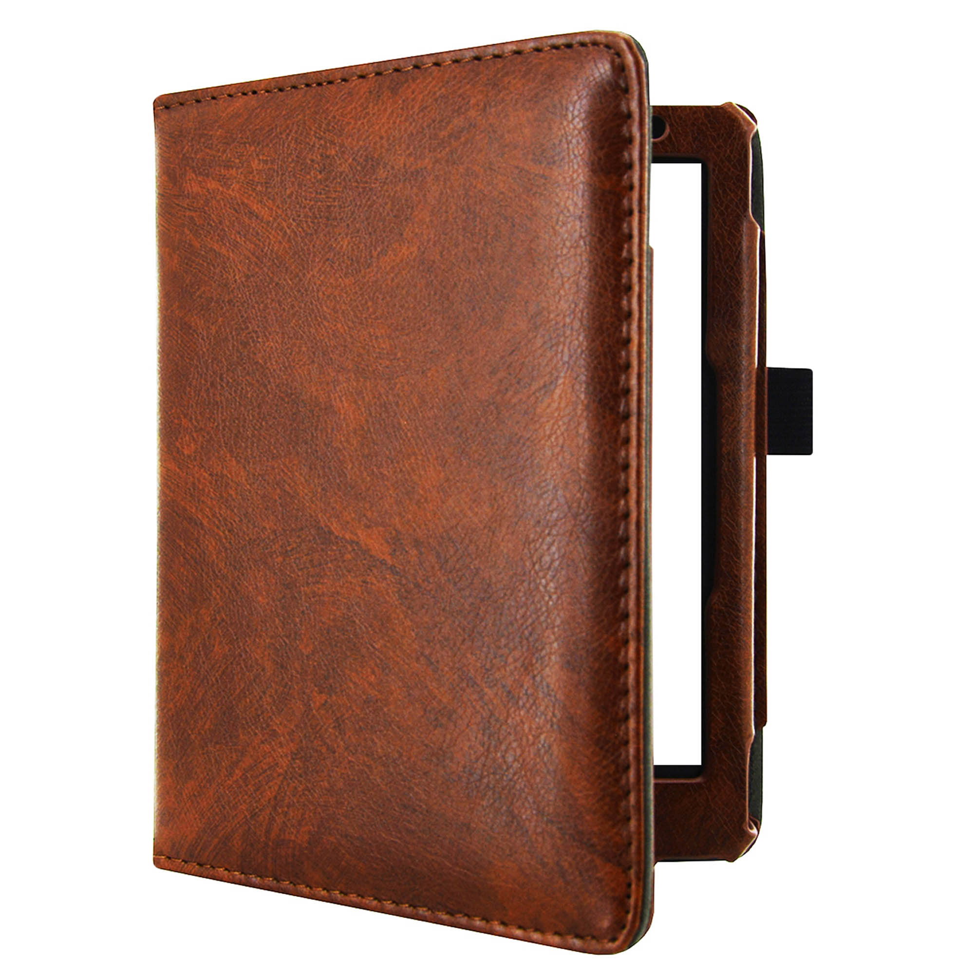A brown e-reader case open, showing the e-reader inside. The case has a strap.