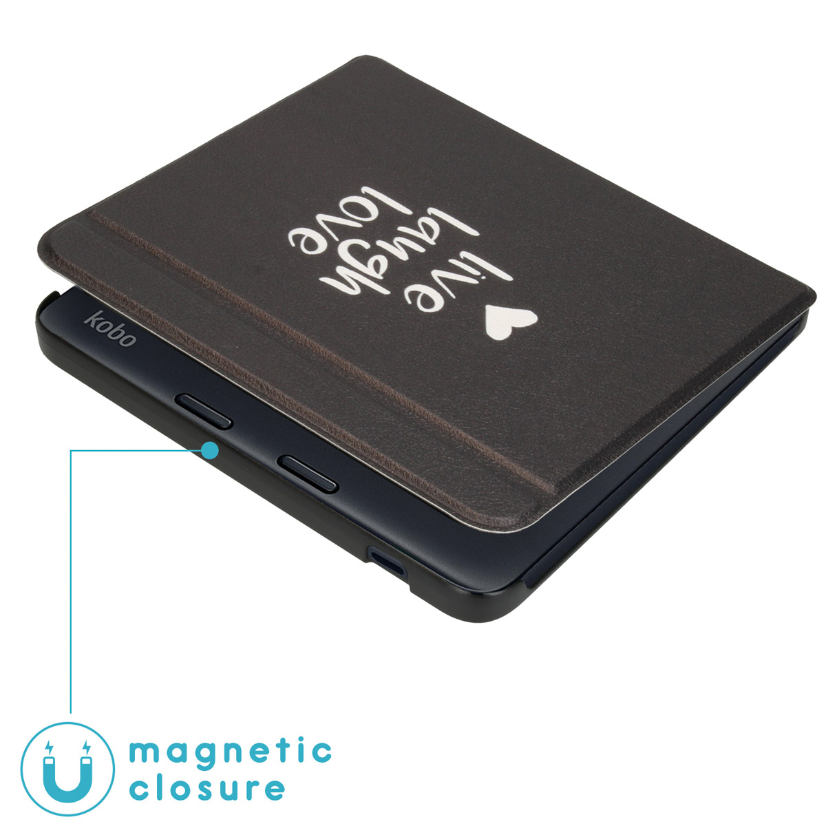 Étui de tablette avec texte : vis, ris, aime. Fermeture magnétique. Couverture marron, tablette noire.