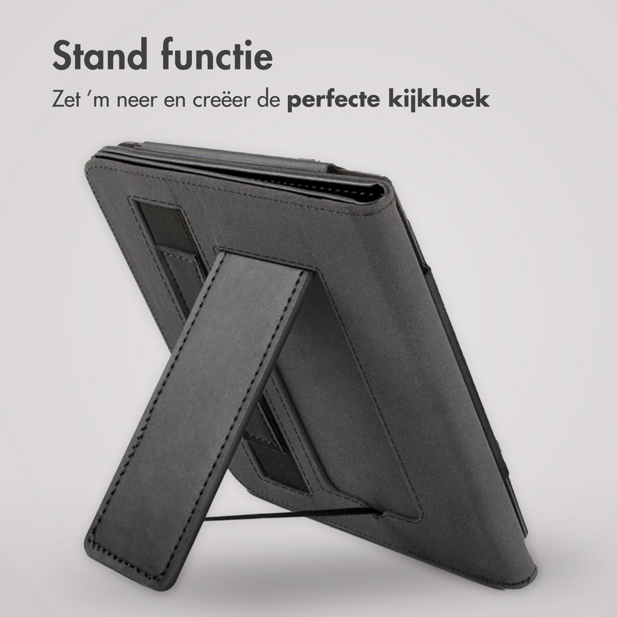 E-reader hoes in standpositie, grijs, met het scherm.