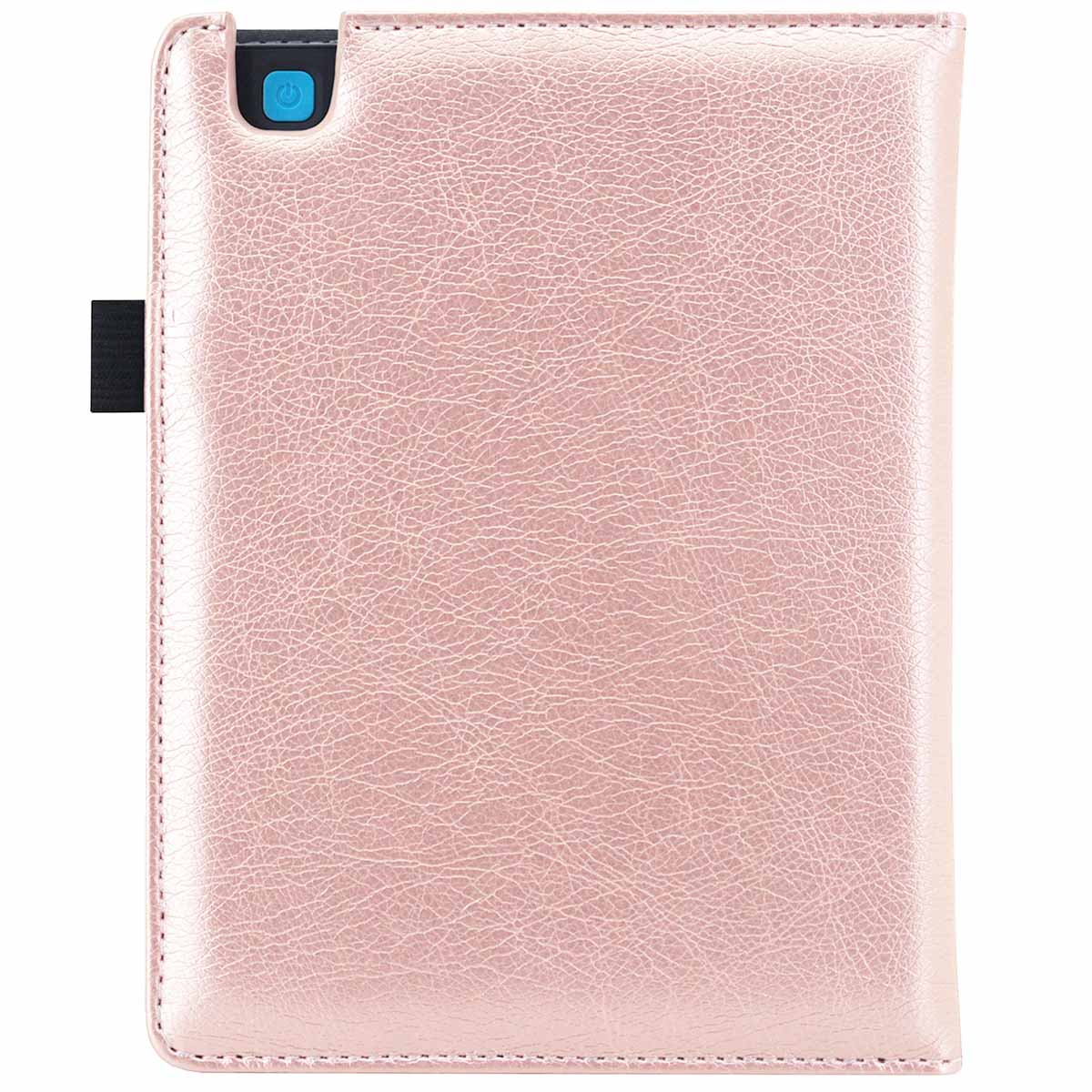 Pink leather-like tablet case with a black elastic strap and power button.