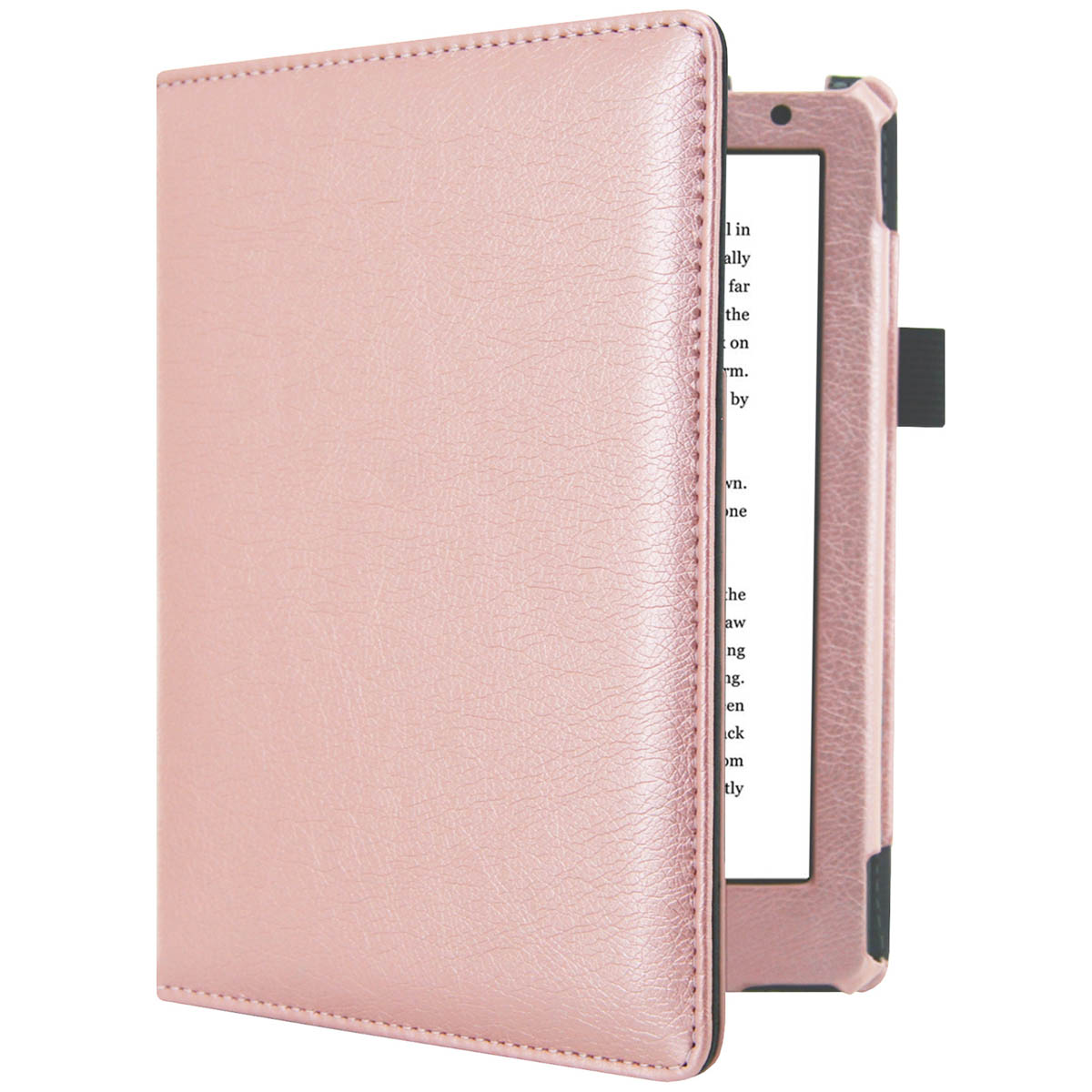 An open pink e-reader case. The screen displays text. Includes a black holder to keep the e-reader in place.