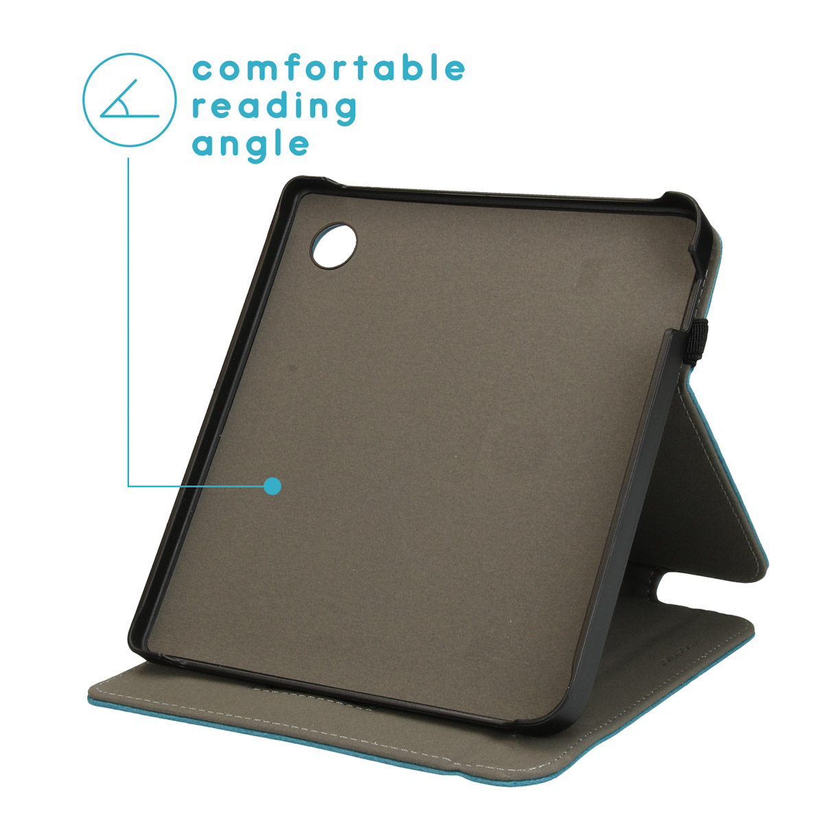 E-reader case open, met de binnenkant en een comfortabele leeshoek optie.