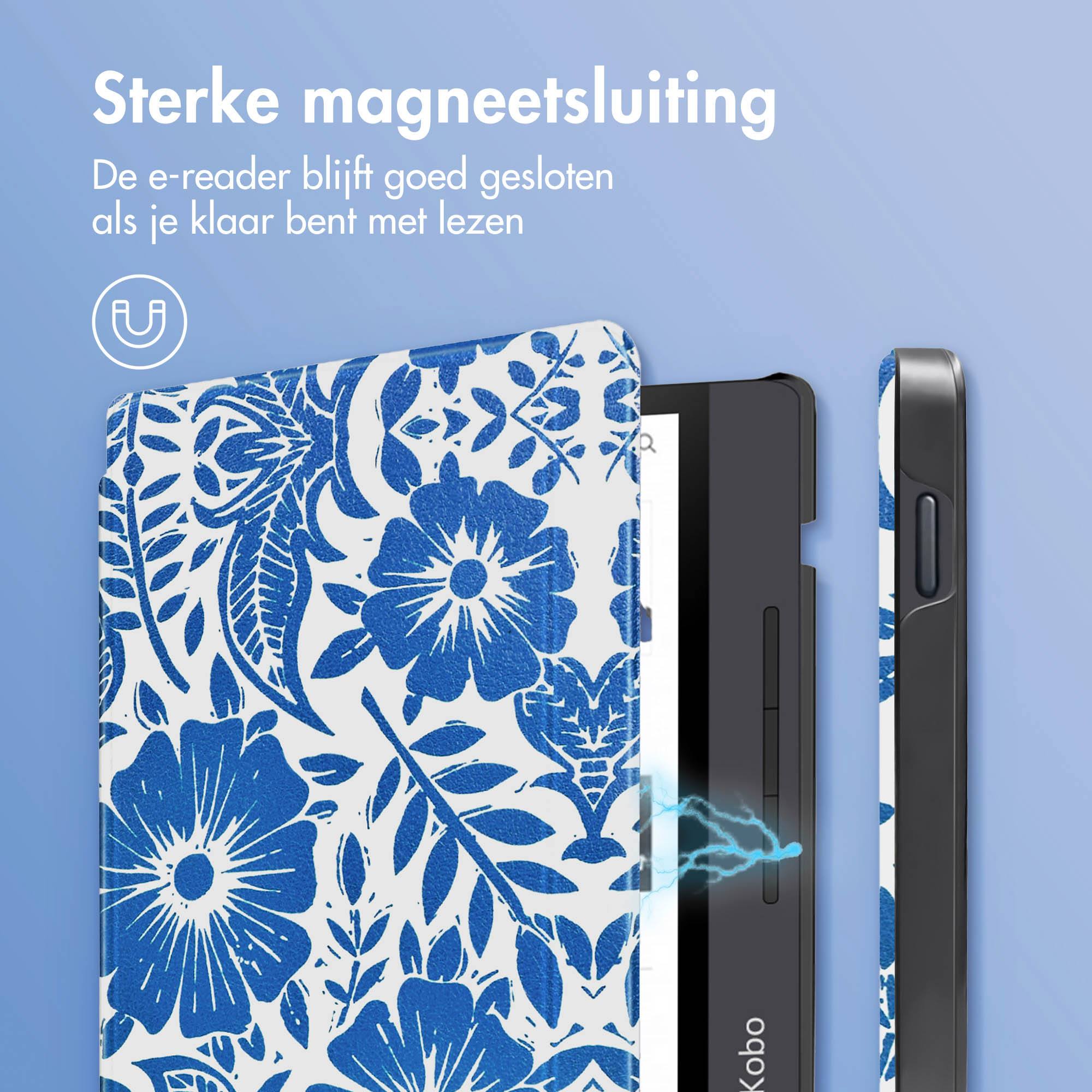 Zwarte e-reader hoes, blauw bloemen design, open, met magnetische sluiting. Tekst: 'Sterke magneetsluiting'.