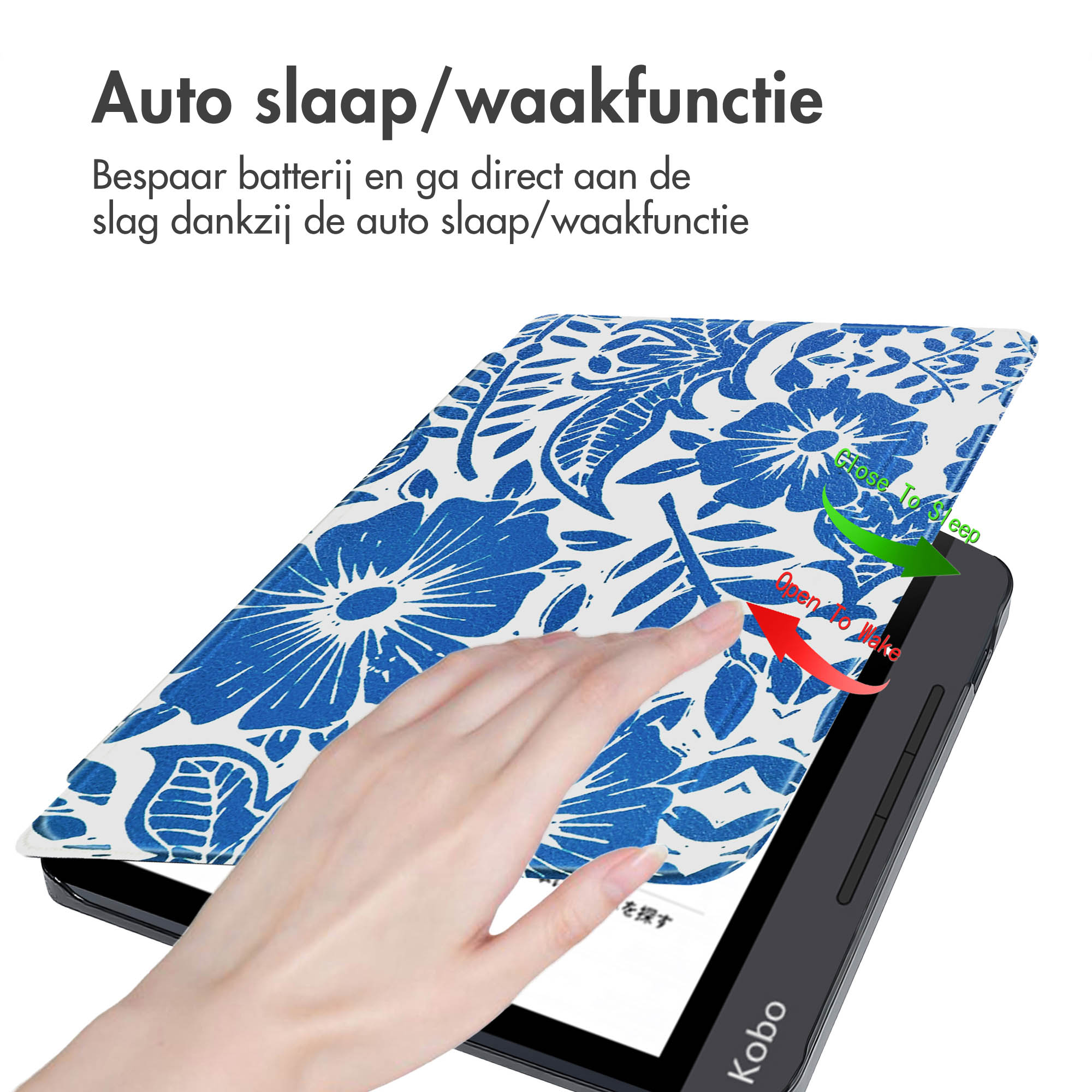 Hand opent een tablet hoes. De hoes heeft een bloemenpatroon. Tekst: auto sleep/wake functie.