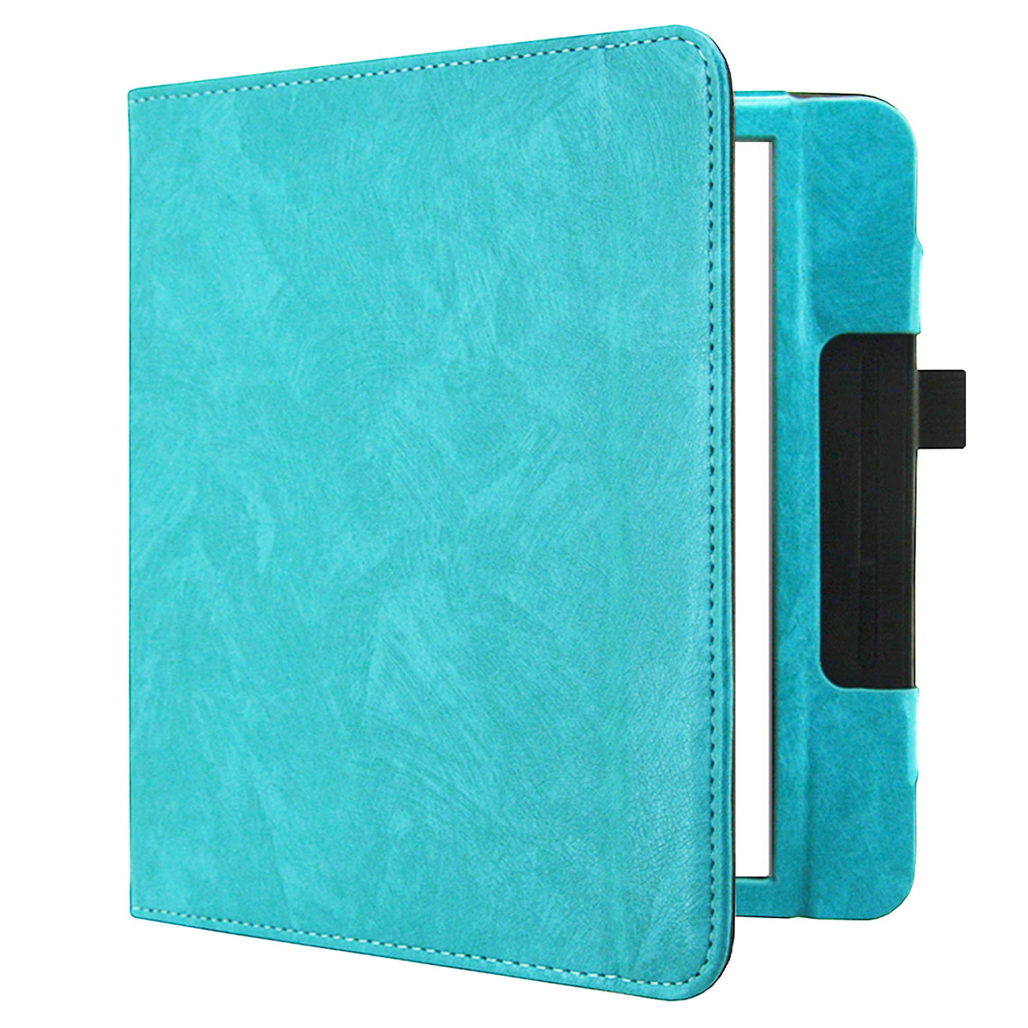 Un étui de liseuse turquoise, légèrement ouvert, révélant le lecteur noir à l'intérieur.
