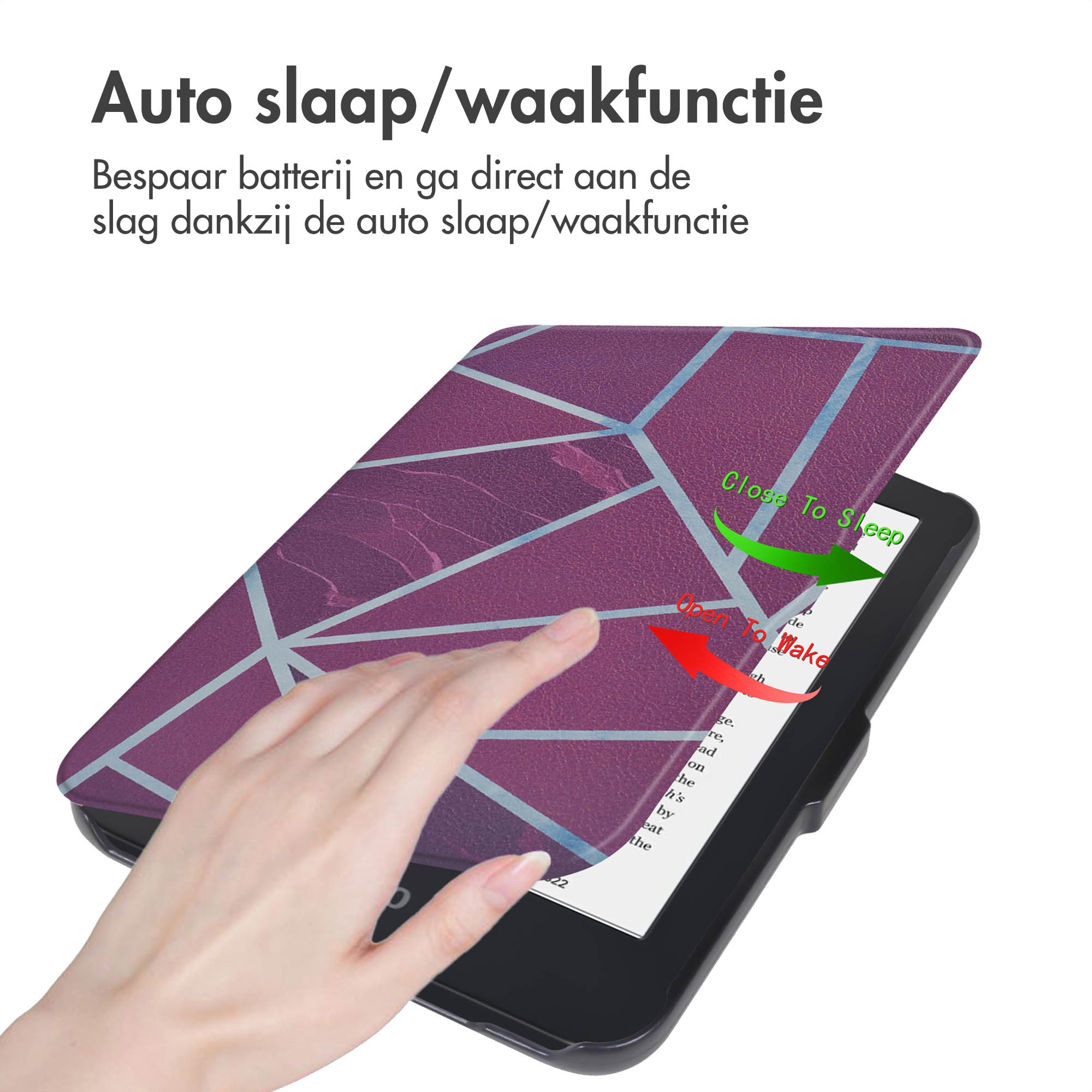 Main ouvrant une couverture d'e-reader violette avec un design géométrique. Textes : fonction veille/réveil automatique.