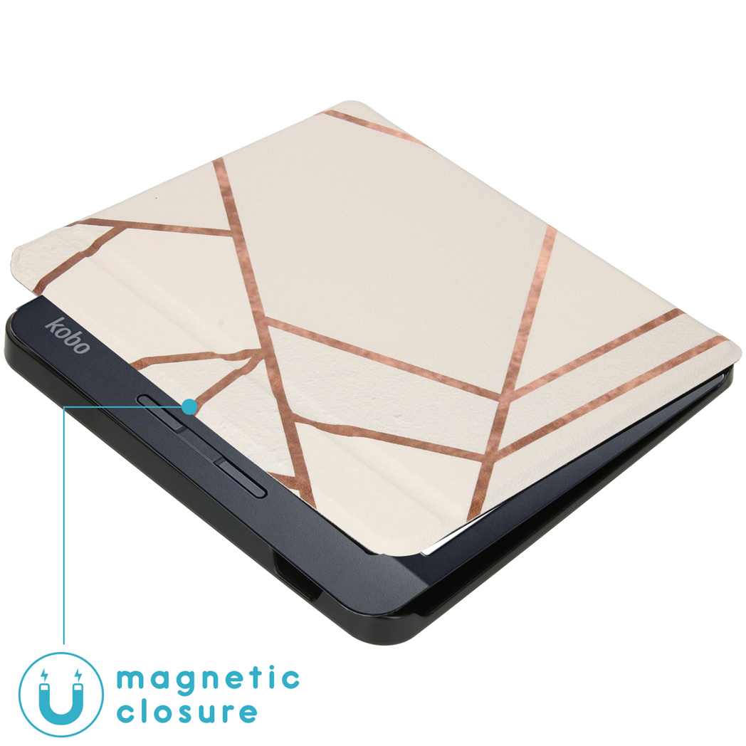 E-reader met witte en gouden geometrische cover. Magnetische sluiting wordt aangegeven.