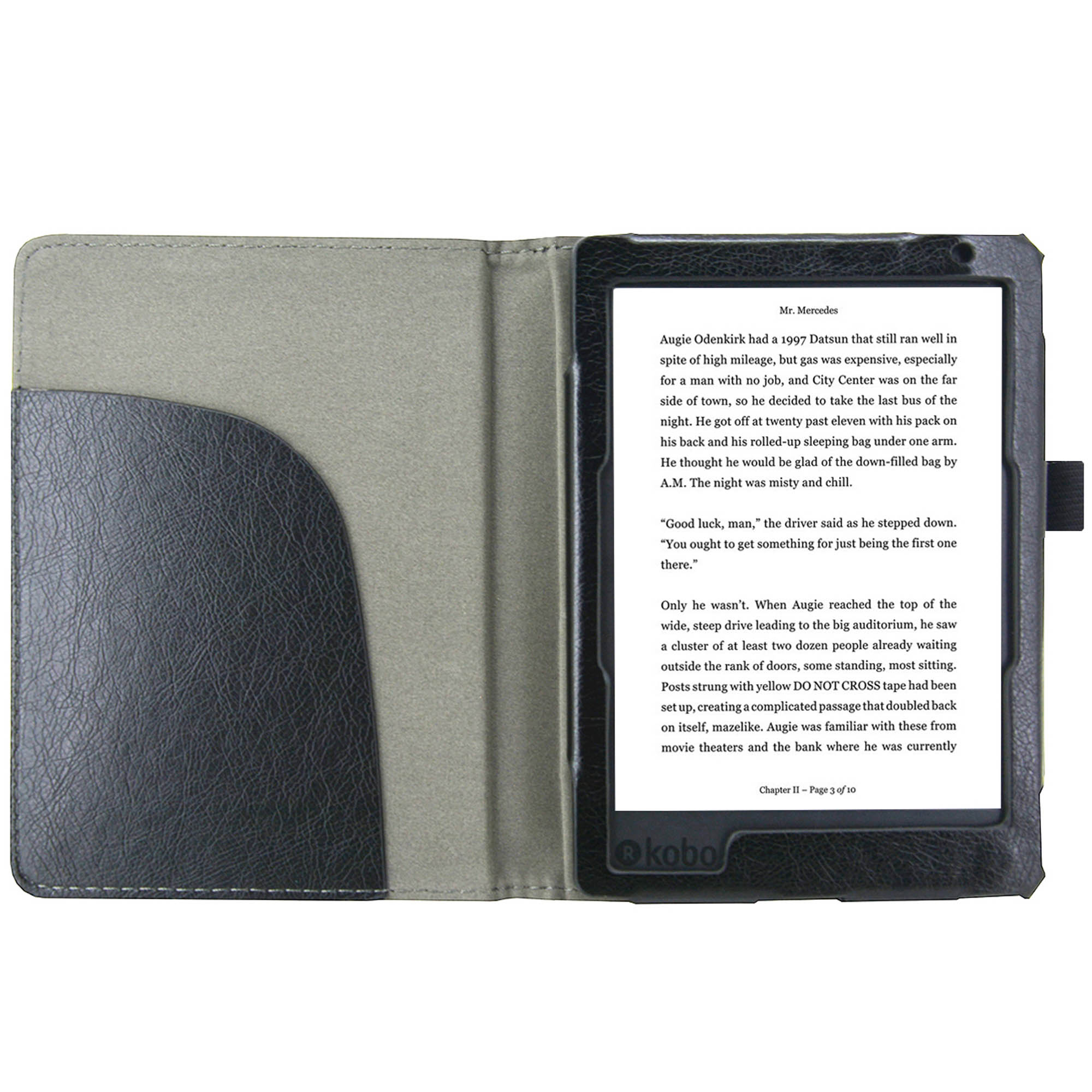 E-reader in een hoesje, open, met een pagina uit een boek. Een zak zit in de hoes. Donker leren hoes.