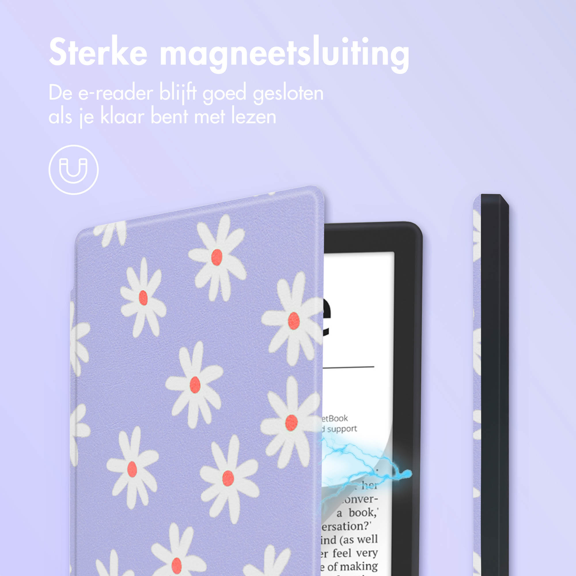 Étui de liseuse, motif de marguerites blanches, ouvert, avec fermeture magnétique. Texte : 'Sterke magneetsluiting'.