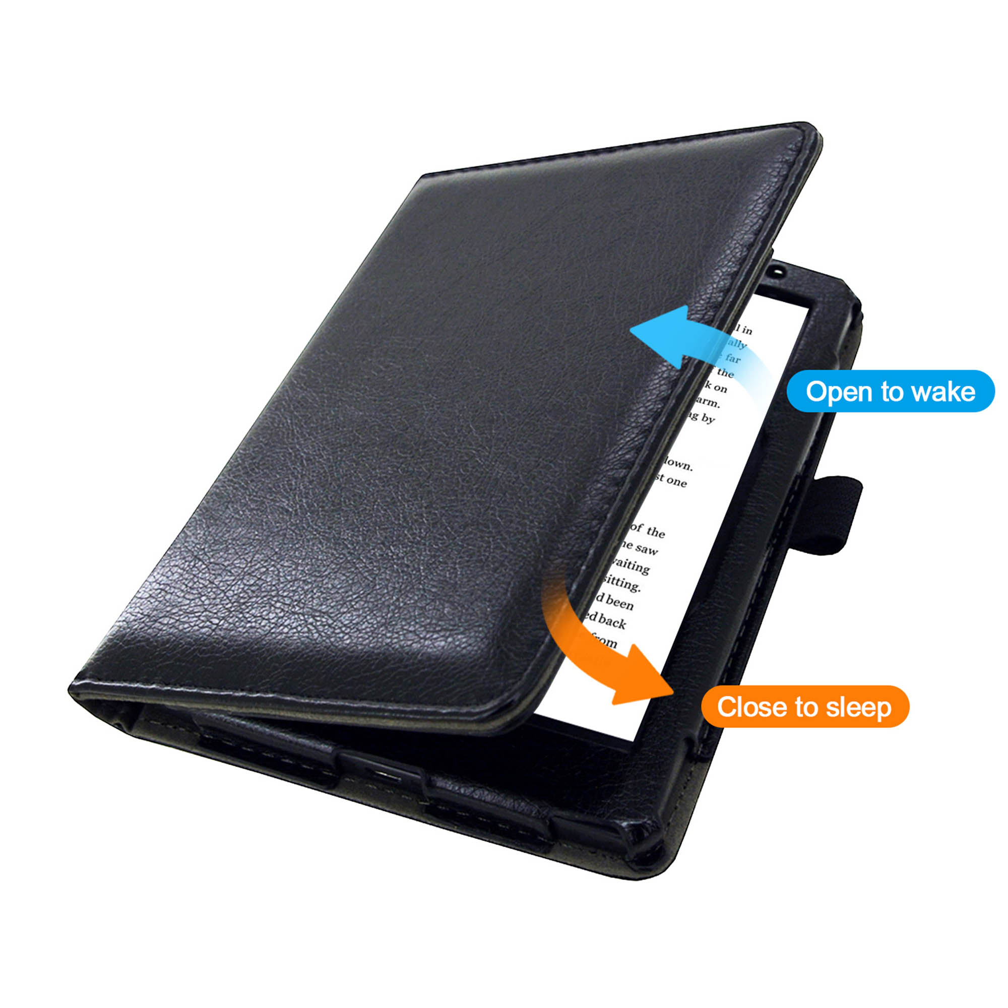Zwarte e-reader case, open om het apparaat met tekst te laten zien. Pijlen geven 'Open om te wekken' en 'Sluit om te slapen' aan.