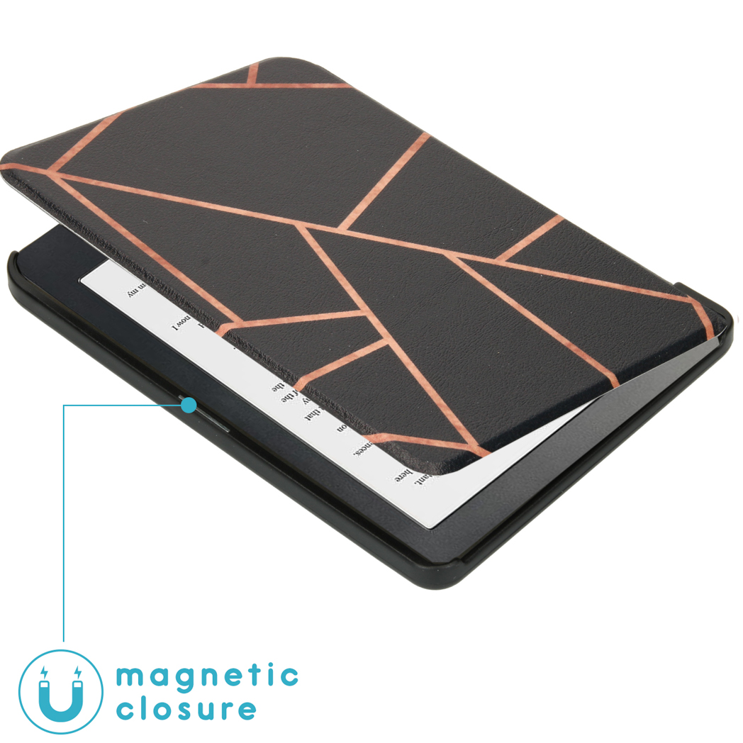 Black Kindle cover with geometric pattern, showing magnetic closure.