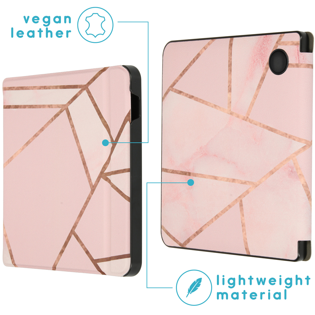 Roze e-reader hoes met een goud geometrisch patroon. Tekst geeft 'veganistisch leer' en 'lichtgewicht materiaal' aan.