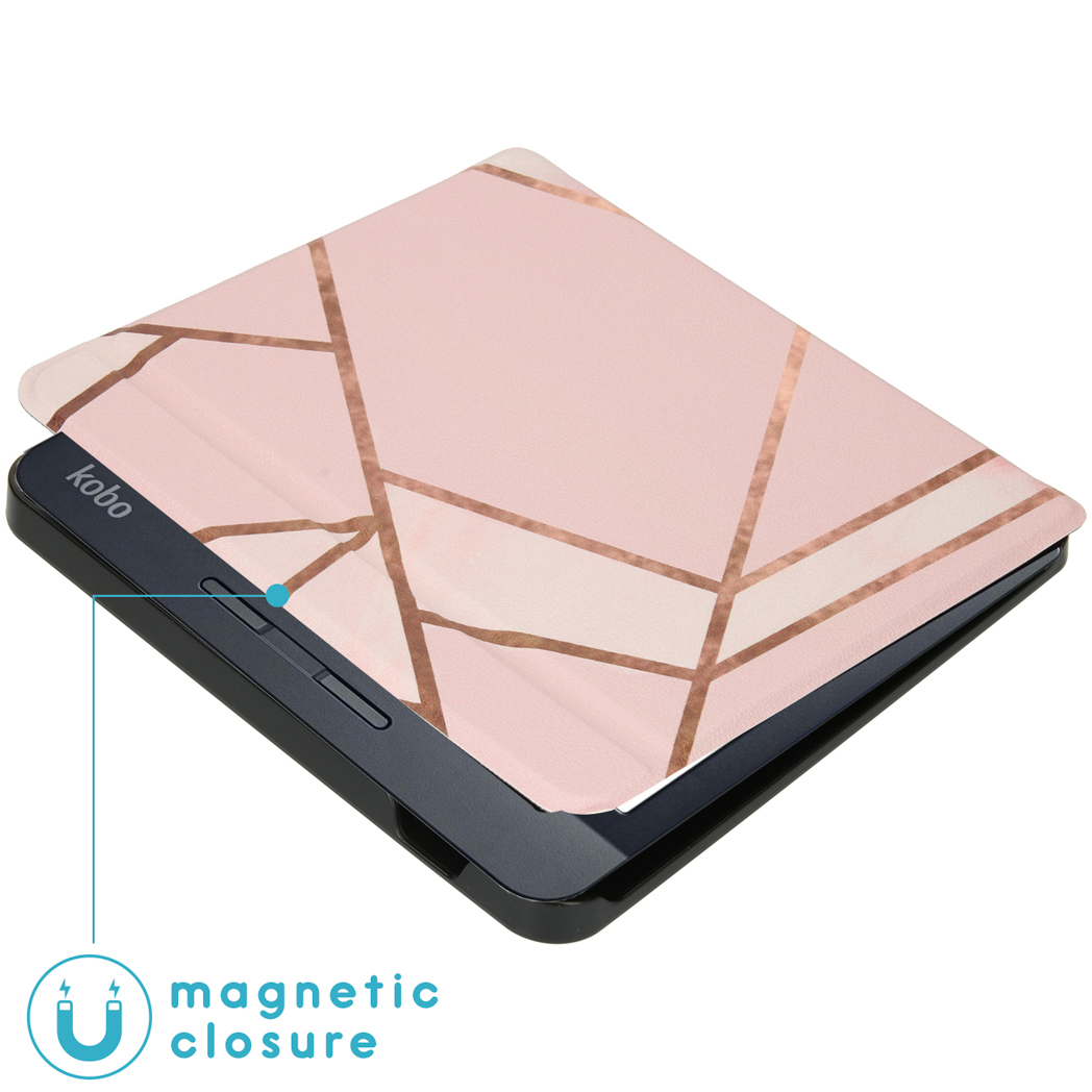 Een e-reader met een roze en gouden geometrisch ontworpen cover. De cover is open.