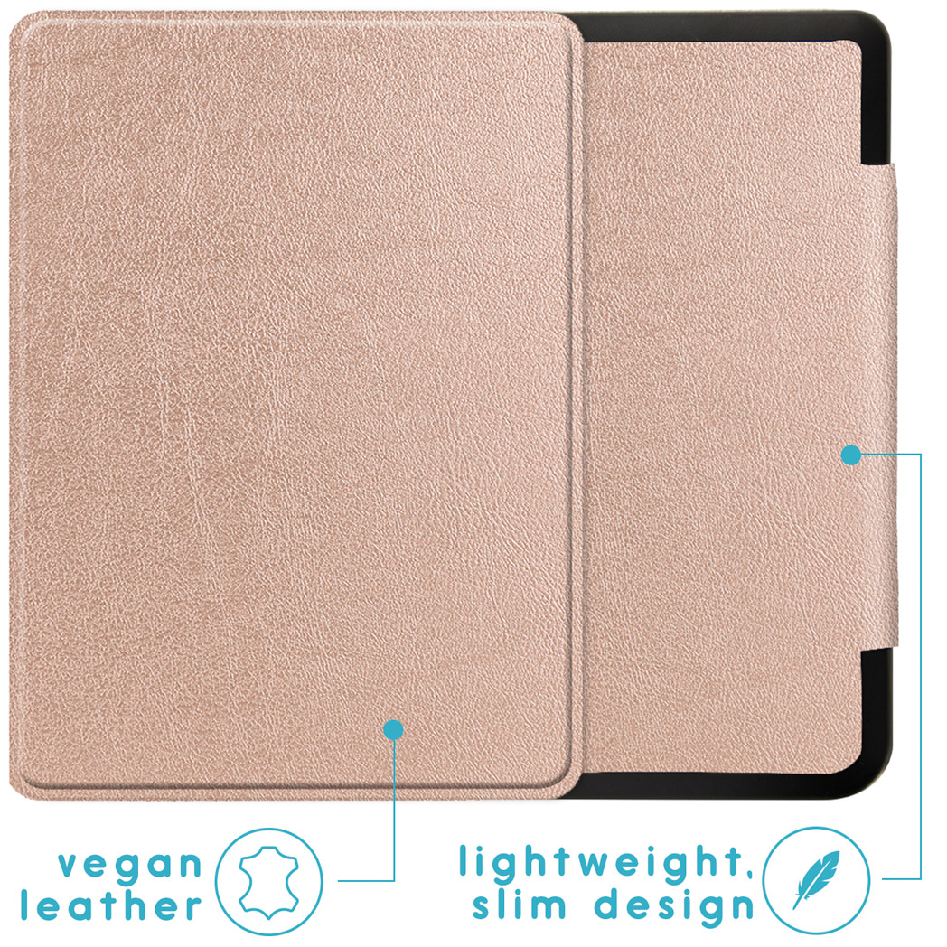 Gesloten roze e-reader cover. Kenmerken: veganistisch leer, lichtgewicht slank ontwerp.