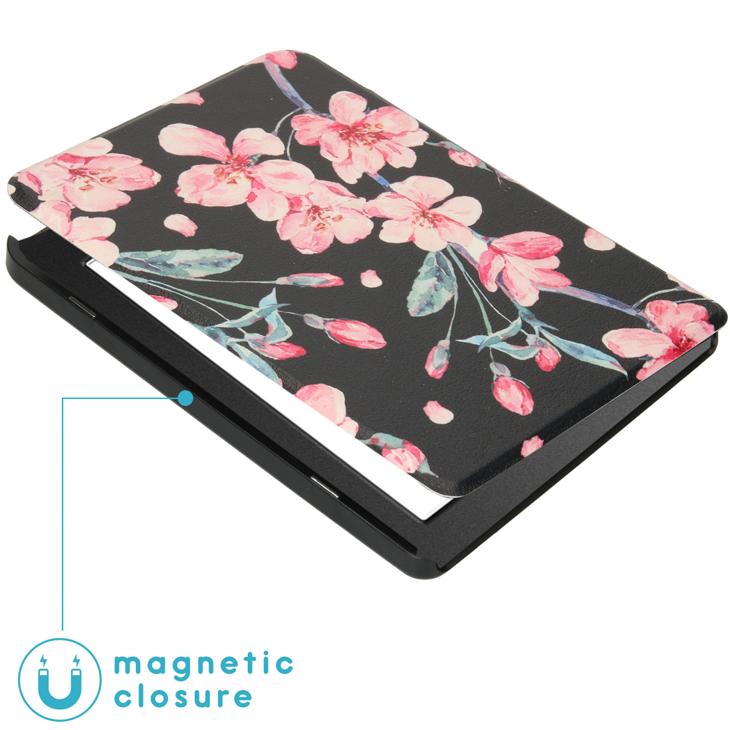 Étui noir pour liseuse avec motif floral rose et fermeture magnétique.