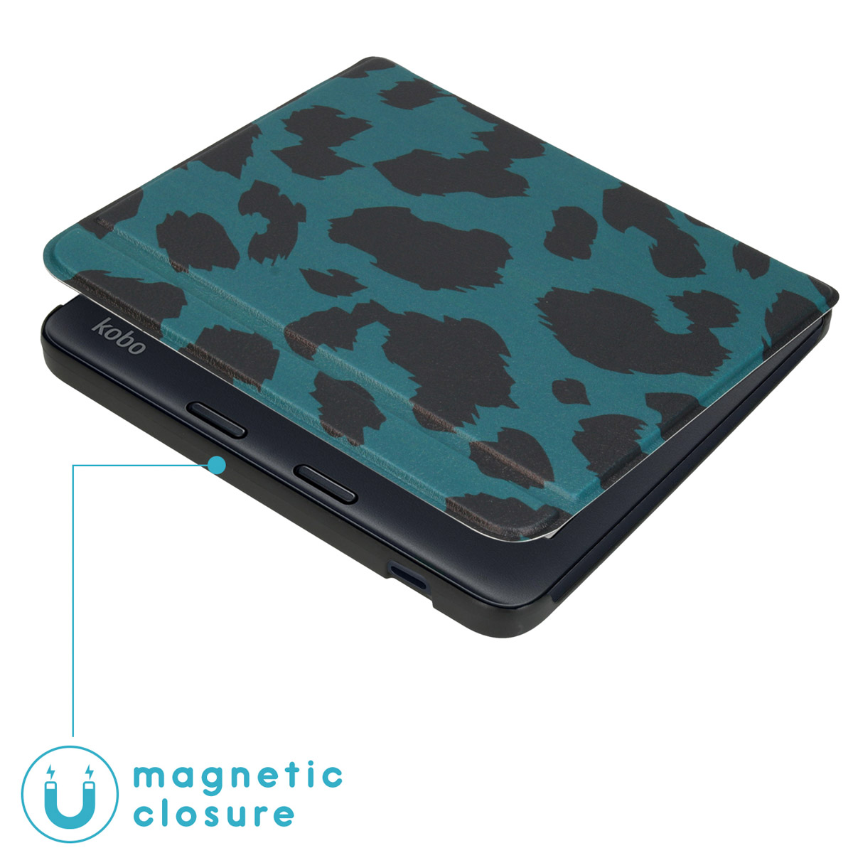 Étui de liseuse à motifs turquoise et noir ouvert, révélant l'écran.