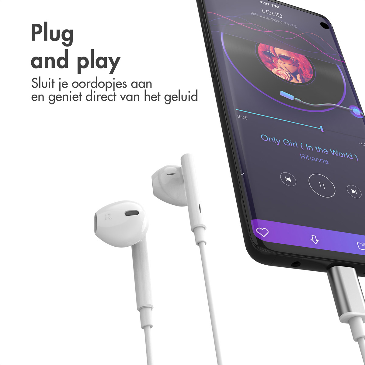 Earphones plugged into a phone playing music. The phone shows an album cover.