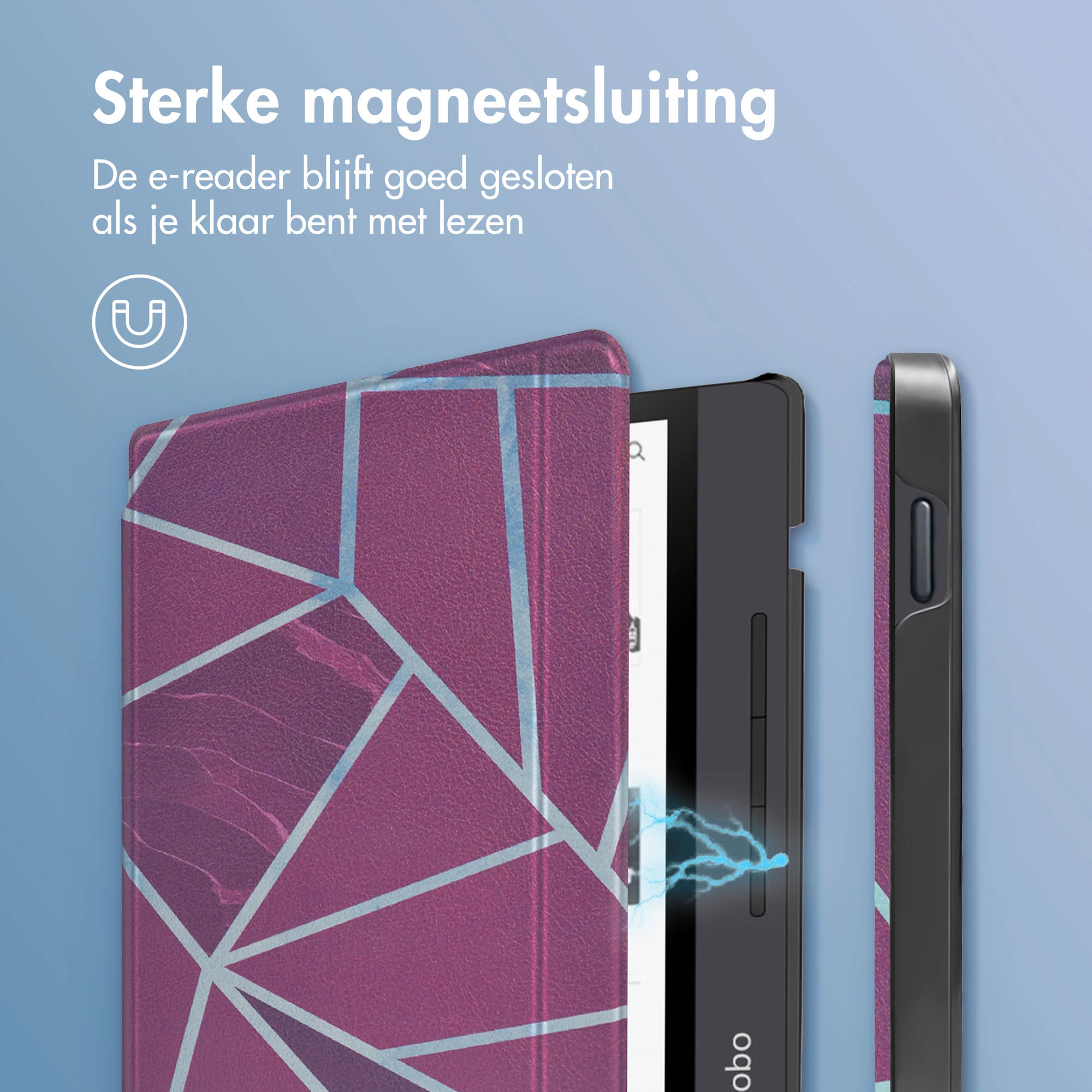 E-reader in een hoesje met paars geometrisch patroon. Magnetische sluiting.