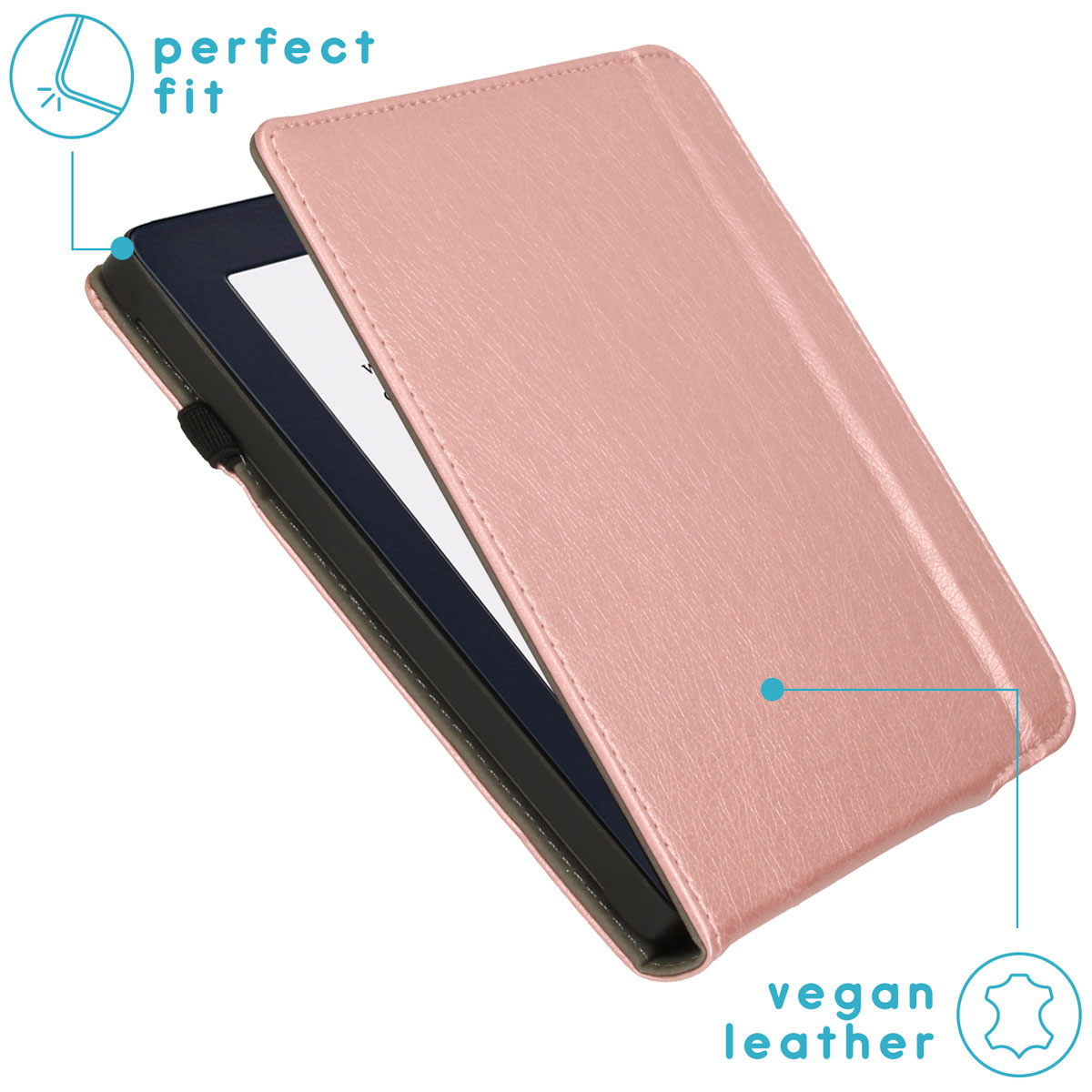 Een roze e-reader hoes, open. De hoes toont de e-reader. Tekst geeft 'veganistisch leer' en 'perfecte pasvorm' aan.