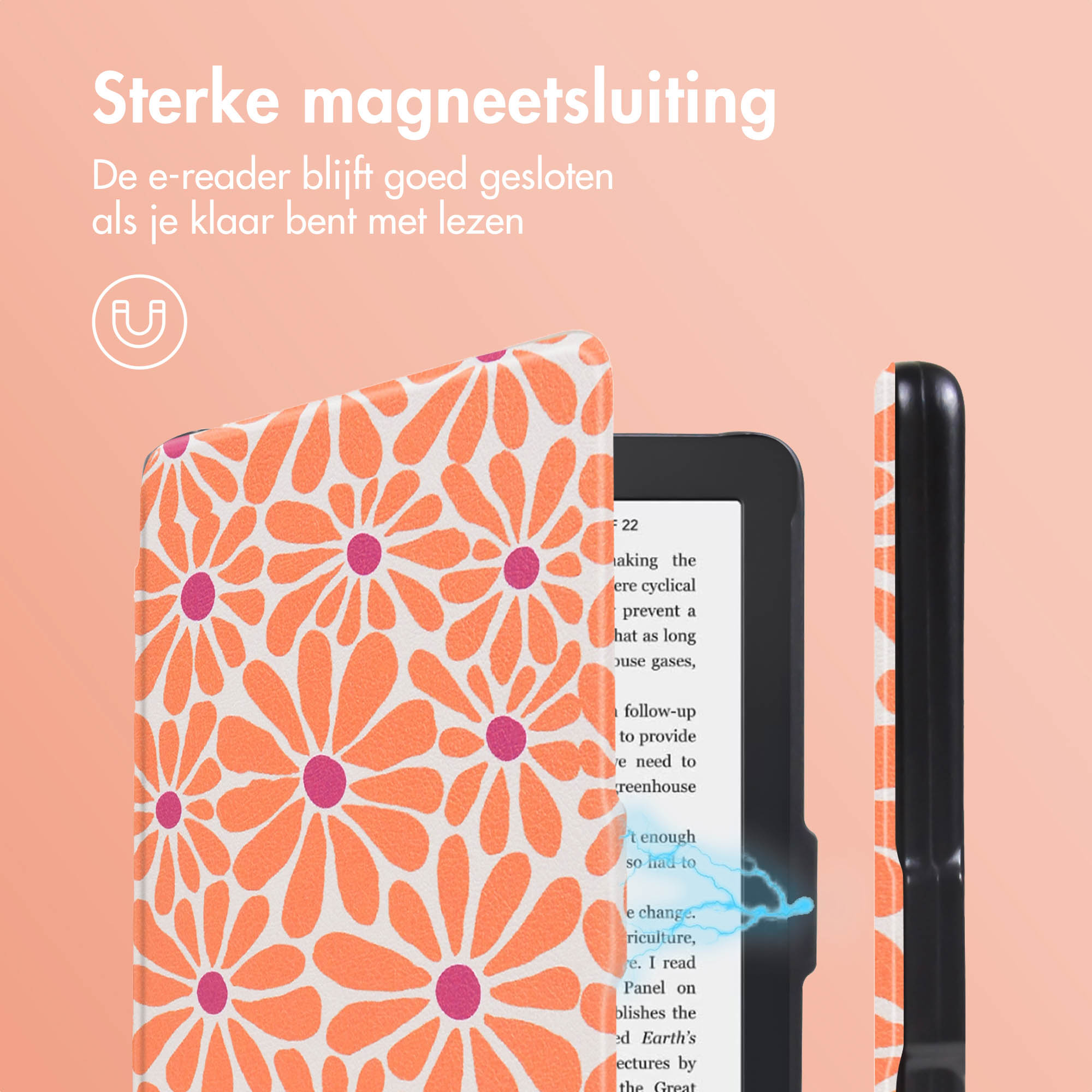 Étui de liseuse floral orange se fermant, montrant une fermeture magnétique.