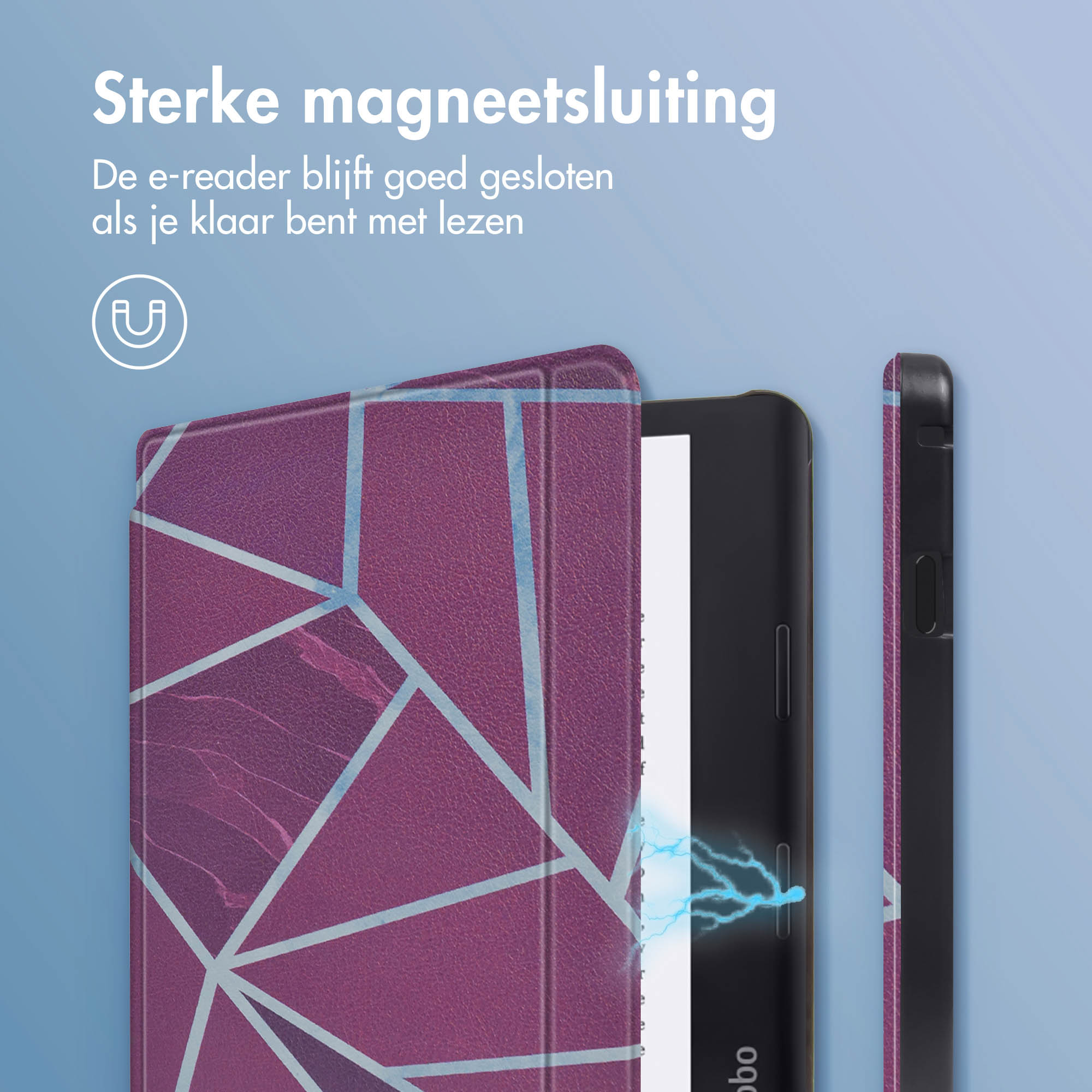 E-reader met geometrische print open. Tekst over magnetische sluiting zichtbaar. Paarse hoes met blauwe lijnen.