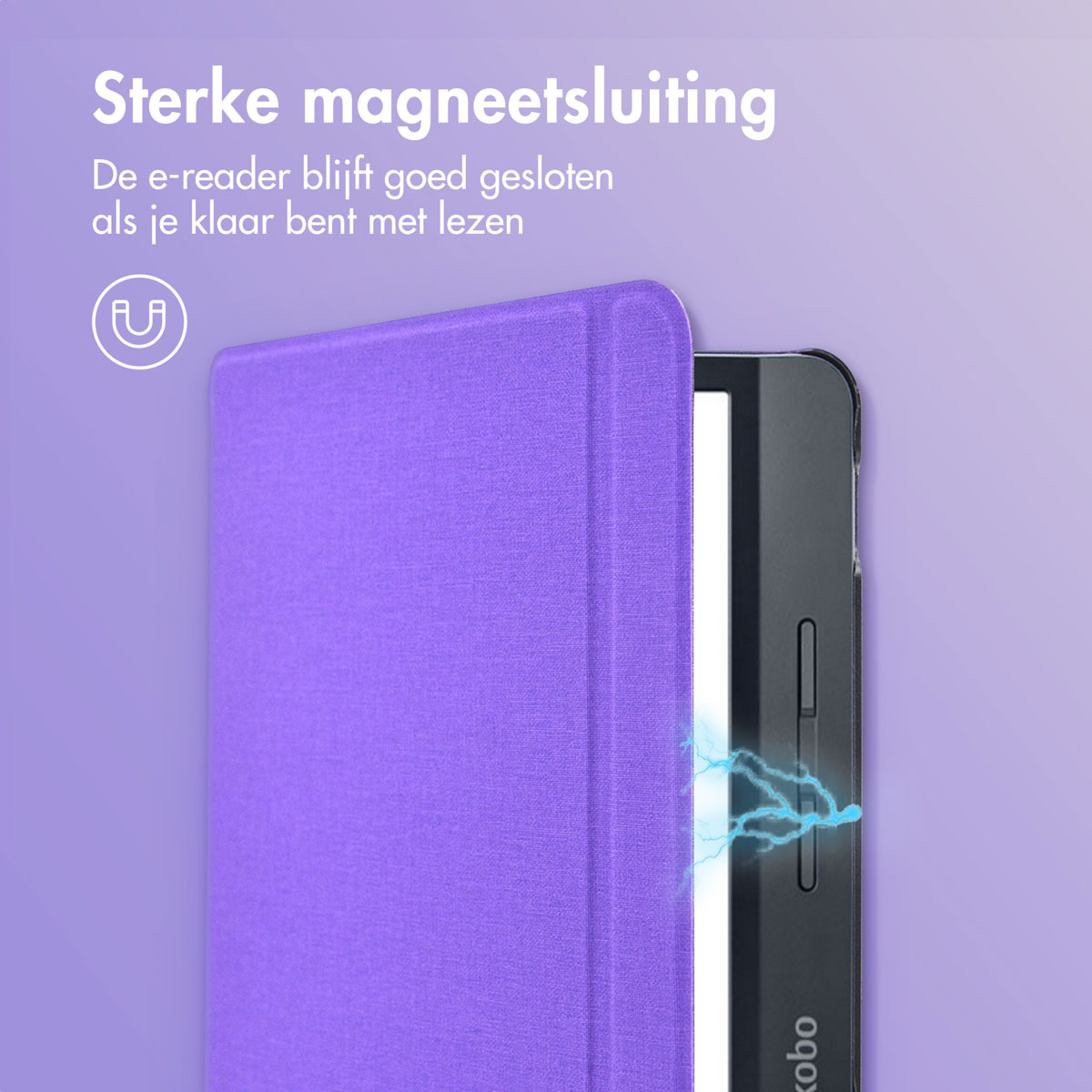Paarse e-reader cover gedeeltelijk open. Tekst: Sterke magnetische sluiting.