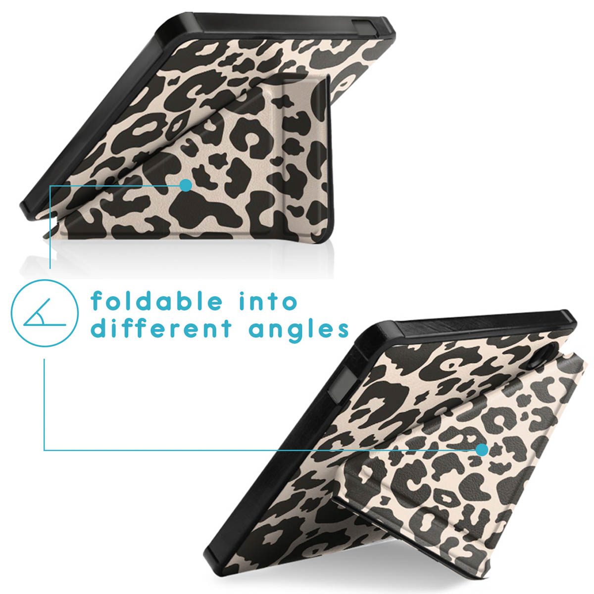 Black case with leopard print, foldable into different angles, shown open and closed.