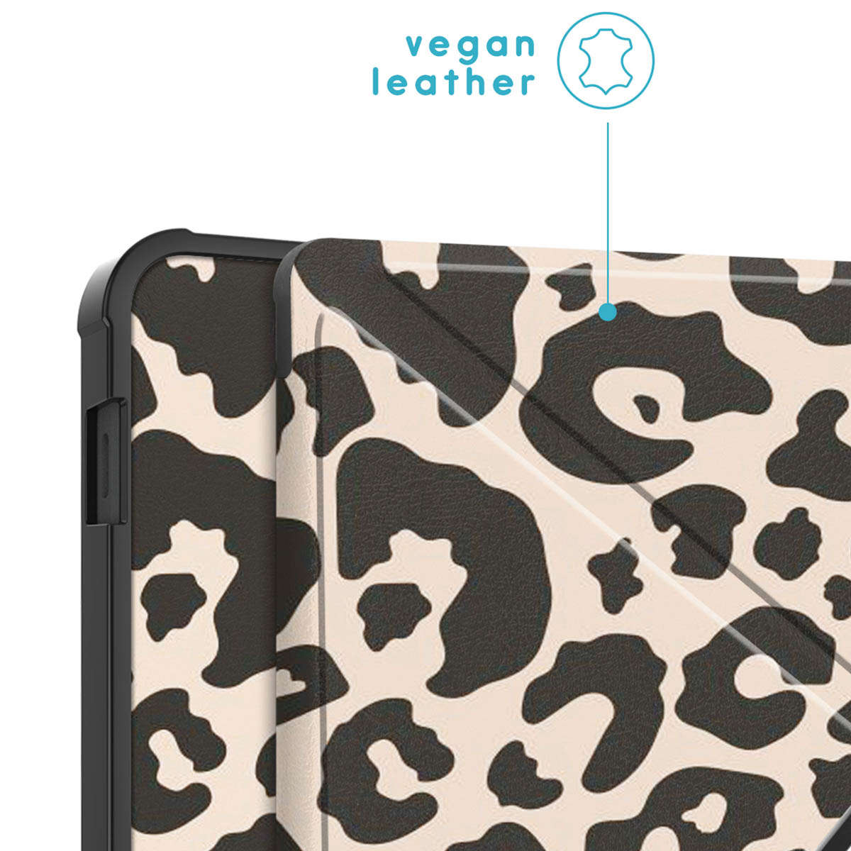 A close-up of a black and beige e-reader case. The case has a leopard print design.