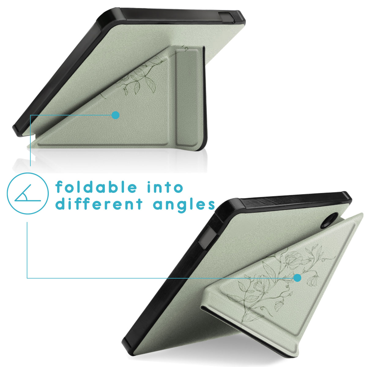 Een e-reader in een lichtgroene hoes, getoond in twee verschillende hoekposities.