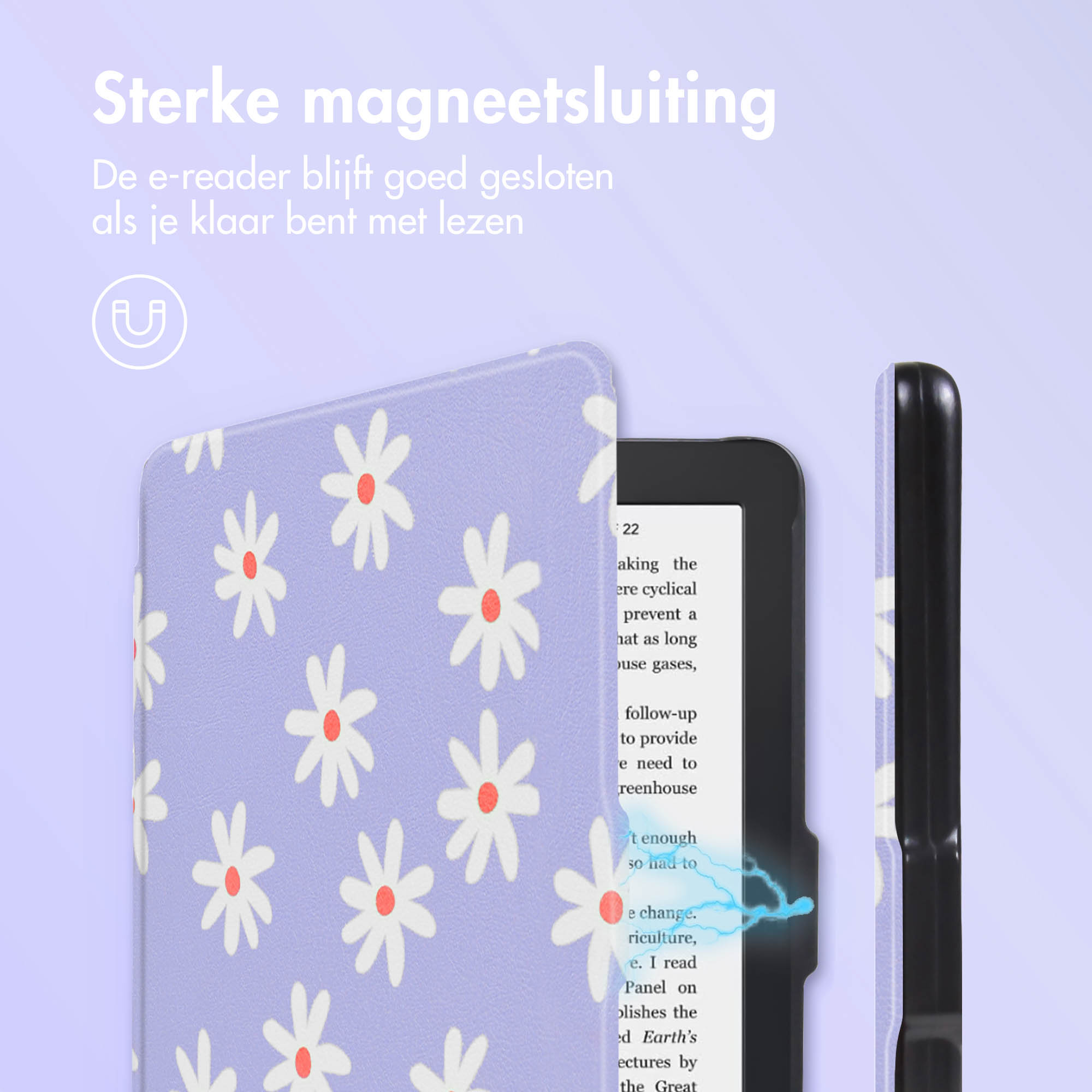 Housse de liseuse lilas clair avec des marguerites blanches et un centre rouge, fermée sur l'appareil. Texte en néerlandais.
