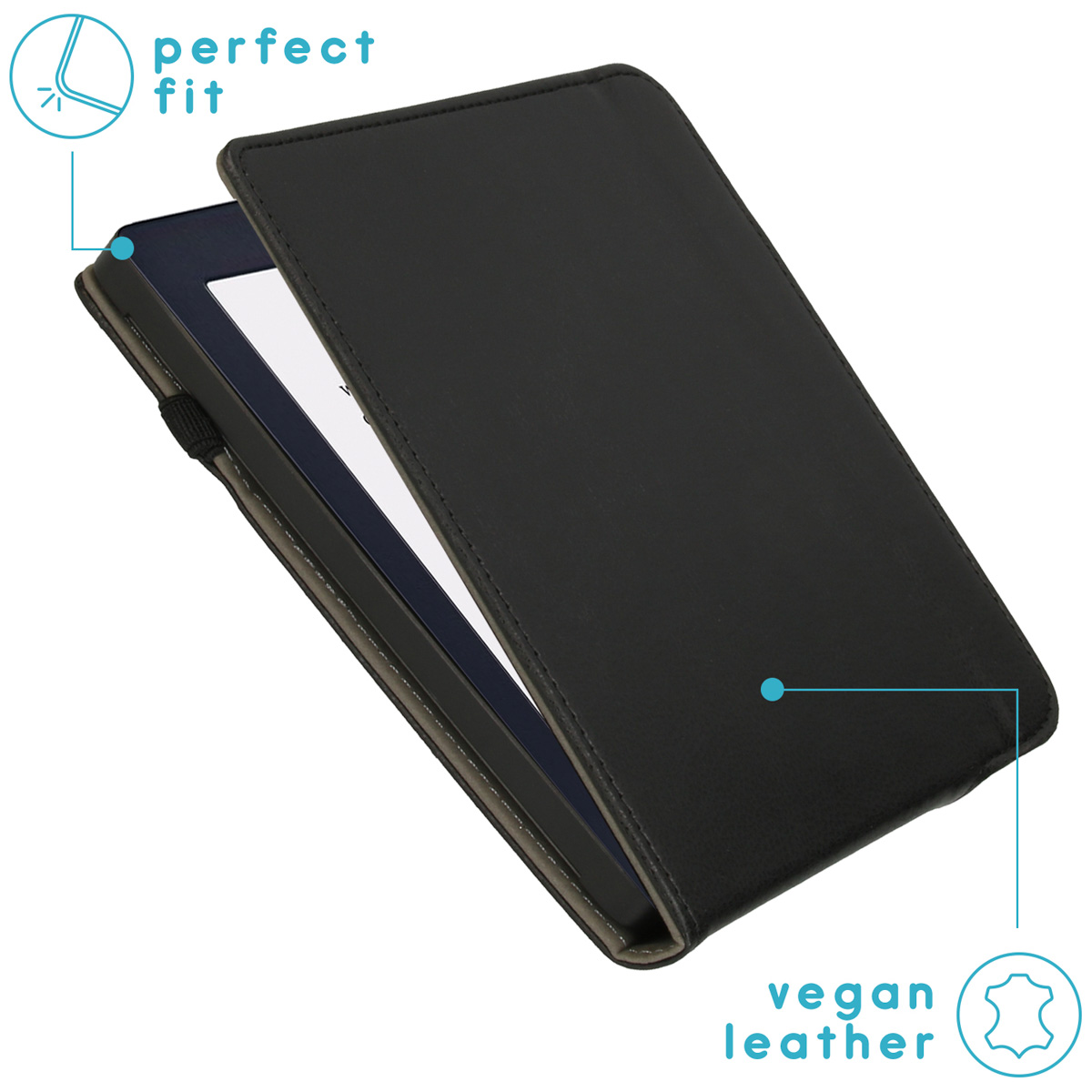 Een zwarte e-reader in een zwarte leren hoes, met de cover open.