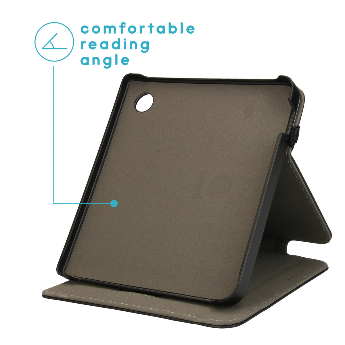 Een open e-reader hoes, de binnenkant tonend. Het is bruin, met een comfortabele leeshoek.