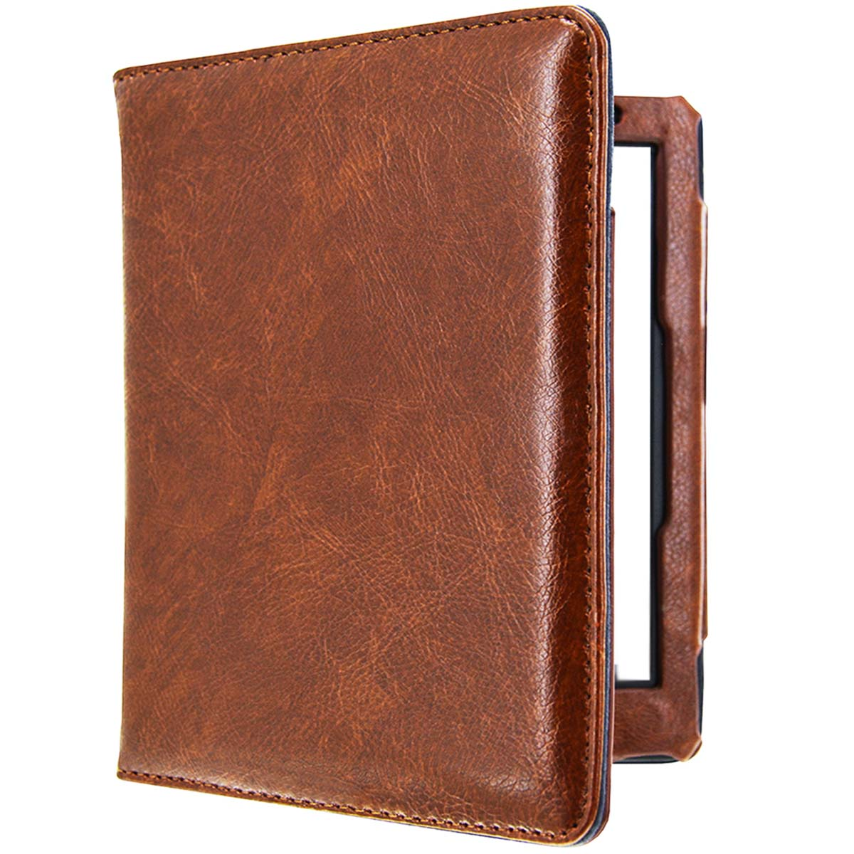 Bruine leren e-reader hoes, open. Toont het interieur en het frame.