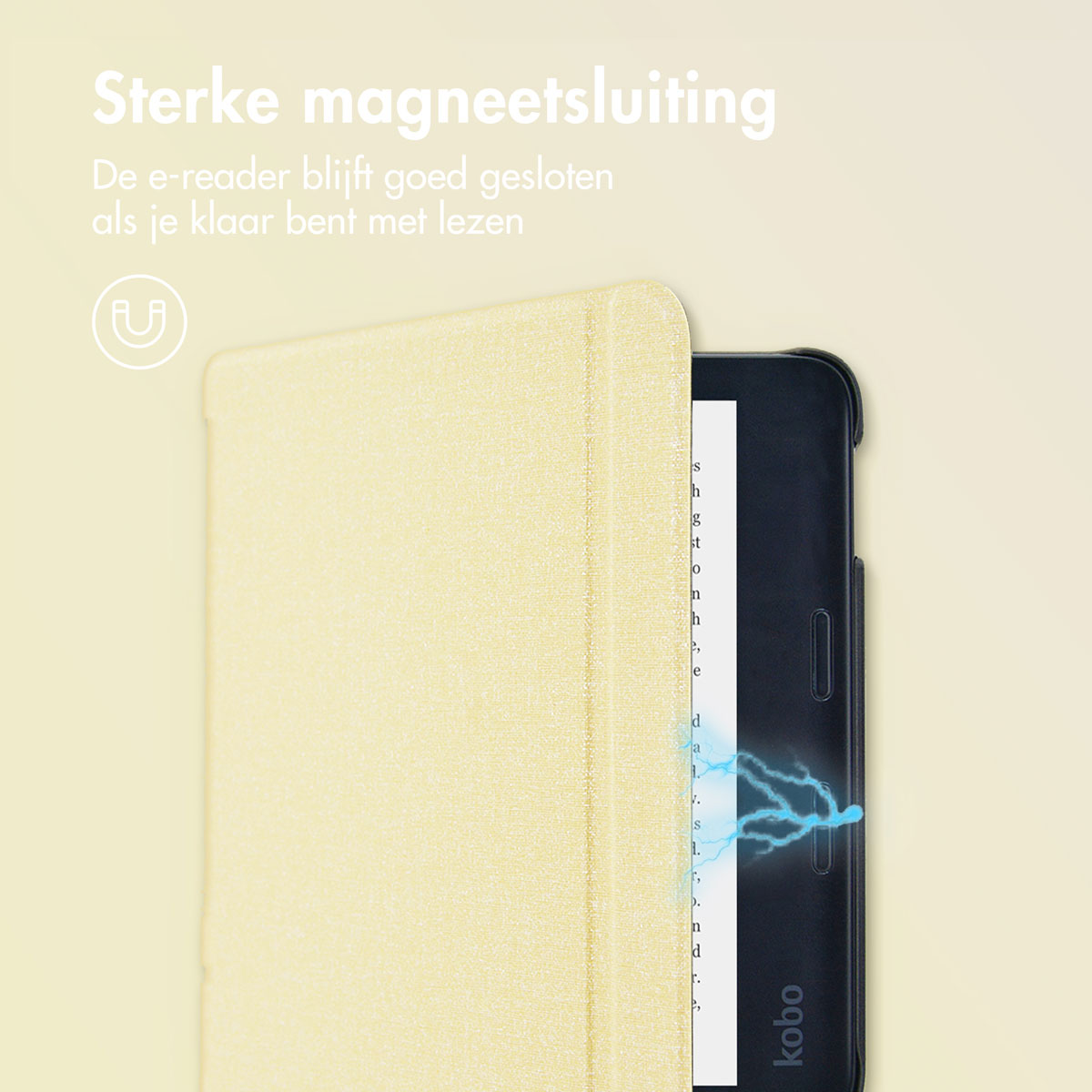 E-reader met gele hoes open, scherm zichtbaar. Achtergrond is lichtbeige. Tekst over magnetische sluiting zichtbaar.
