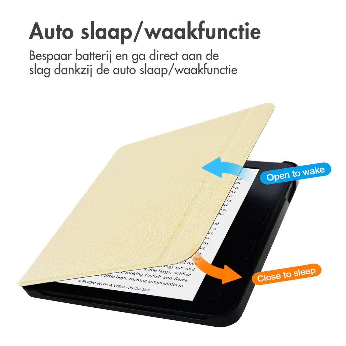 E-reader met open beige cover, met tekst. Pijlen geven de slaap- en wekfunctie aan. Nederlandse tekst.