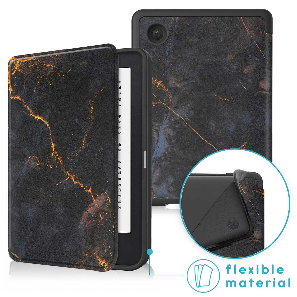 Zwarte e-reader in een zwart-gouden marmerpatroon hoesje, met de cover open.