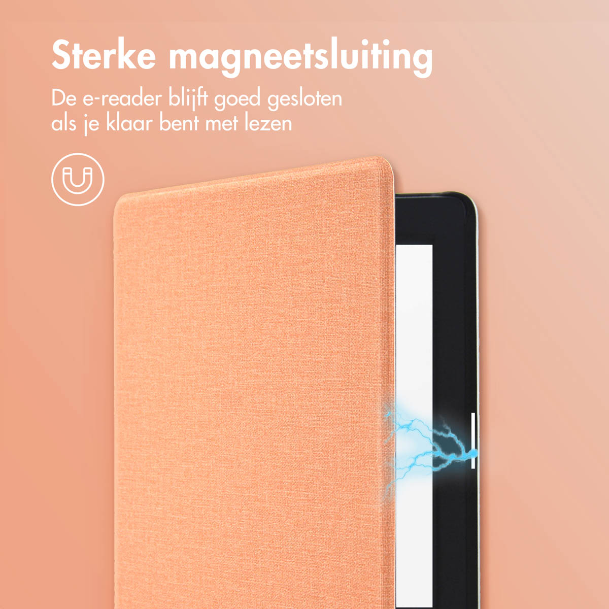 Couverture de liseuse orange partiellement ouverte. Texte : Fermeture magnétique forte.