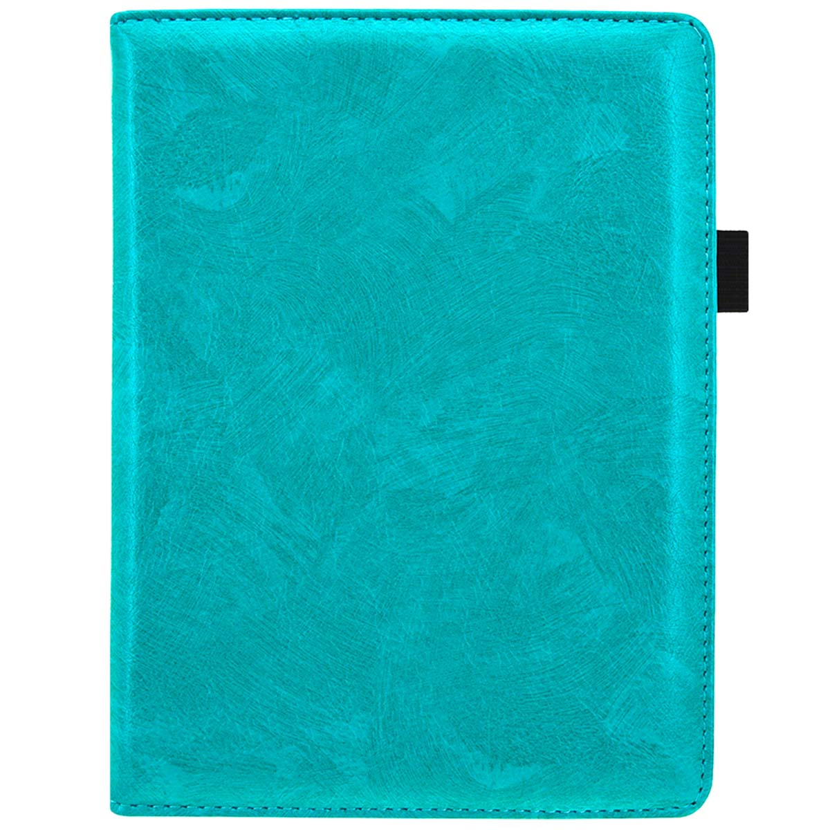 Teal tablet-case. De case is gesloten en heeft een ledertextuur.