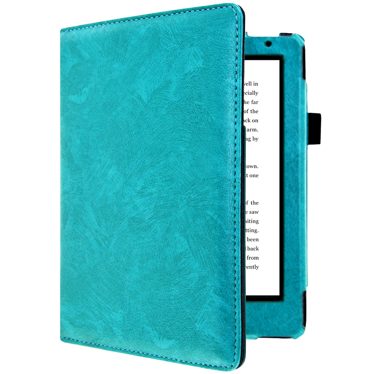 Blauwgroene e-reader cover open, met apparaat, met tekst.