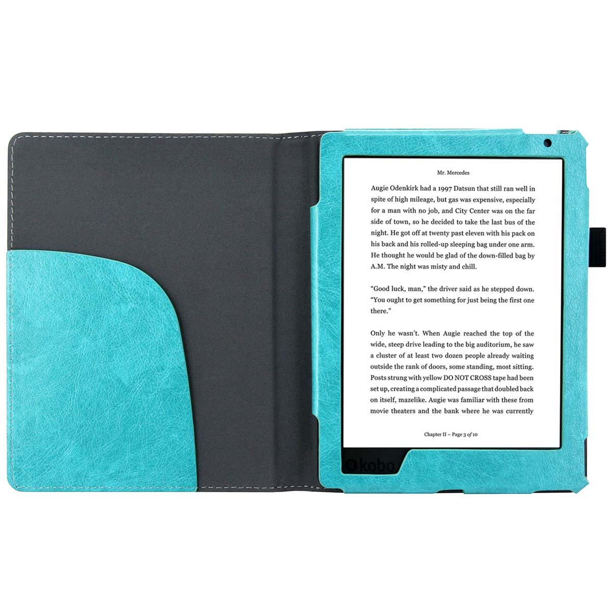 E-reader in een turquoise hoes, open. Tekst uit een boek is zichtbaar op het scherm.
